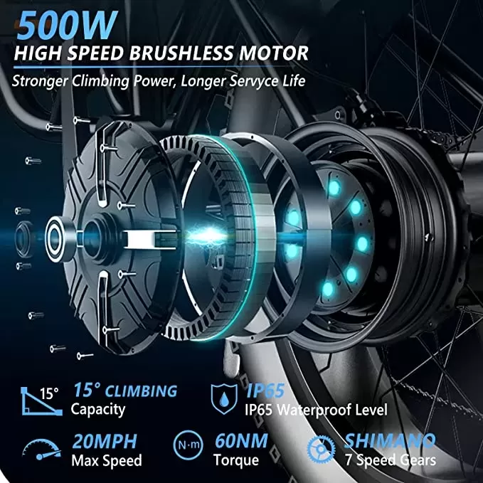 26"x4" Fat Tire Ebike Electric Bicycle, 500W 48V 13AH Removable Battery, 20MPH Electric Mountain Bike Snow Beach E-Bike Suspension Fork, Shimano 7 Speed - Amazon