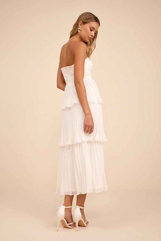 Seriously Sensational White Strapless Tiered Midi Dress