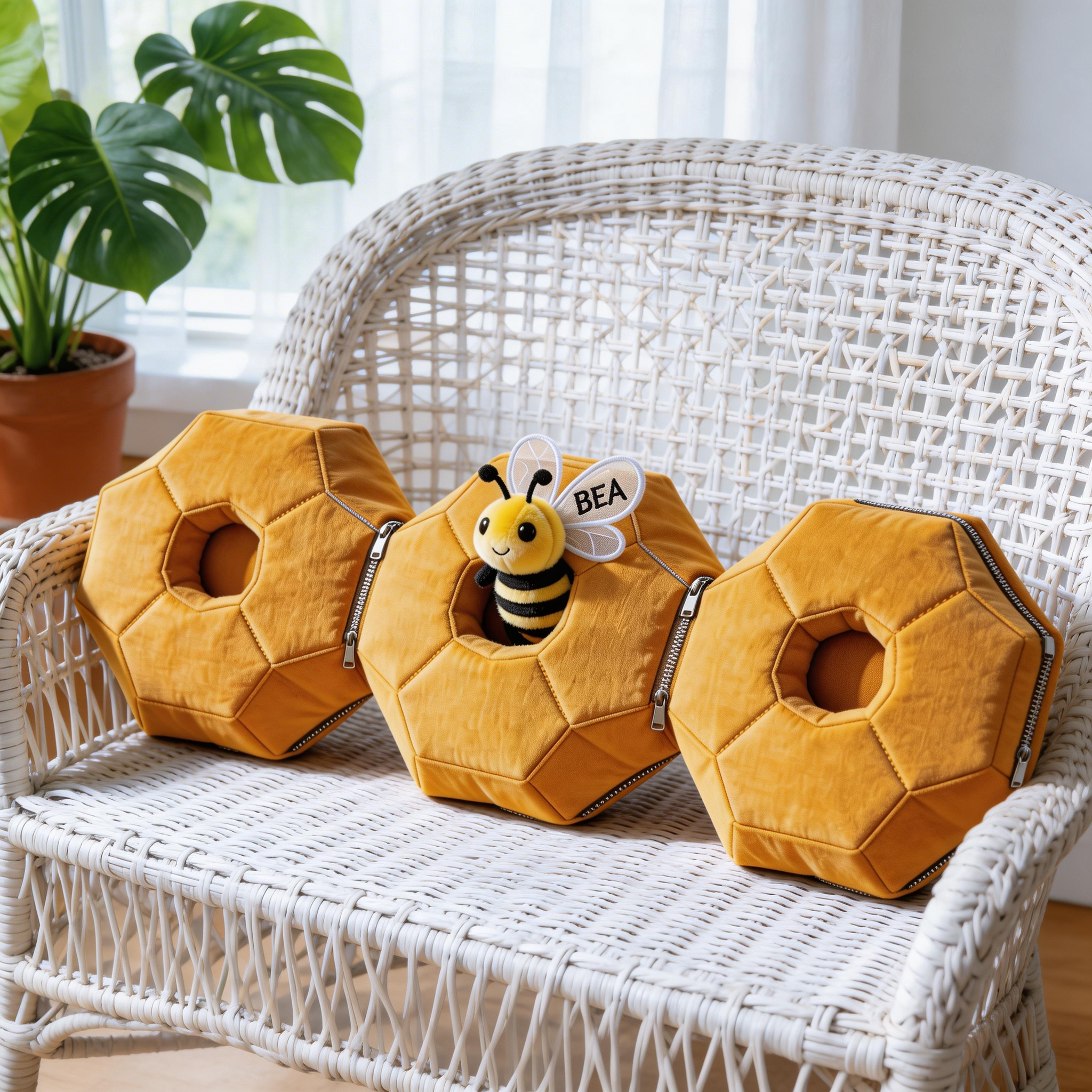3D Honeycomb & Bee Throw Pillow Set (Geometric Hexagon Sofa Cushions)-$33.00-Photo to 3d art