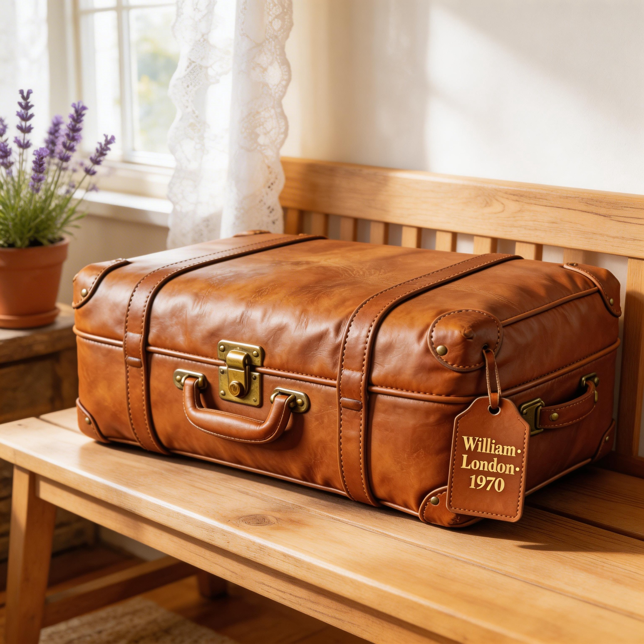 Personalized Vintage Leather Suitcase Throw Pillow with Custom Name (Retro Travel Trunk Cushion)-$33.00-Photo to 3d art