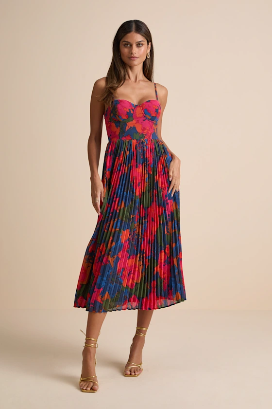 Dorothy Dark Blue Multi Floral Print Pleated Midi Dress