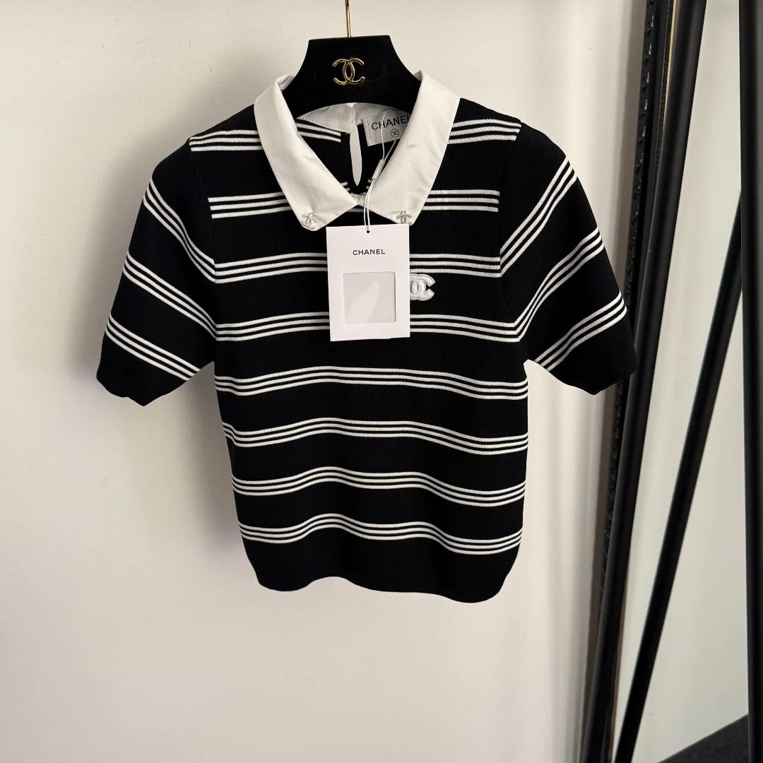 Striped collared short-sleeved top