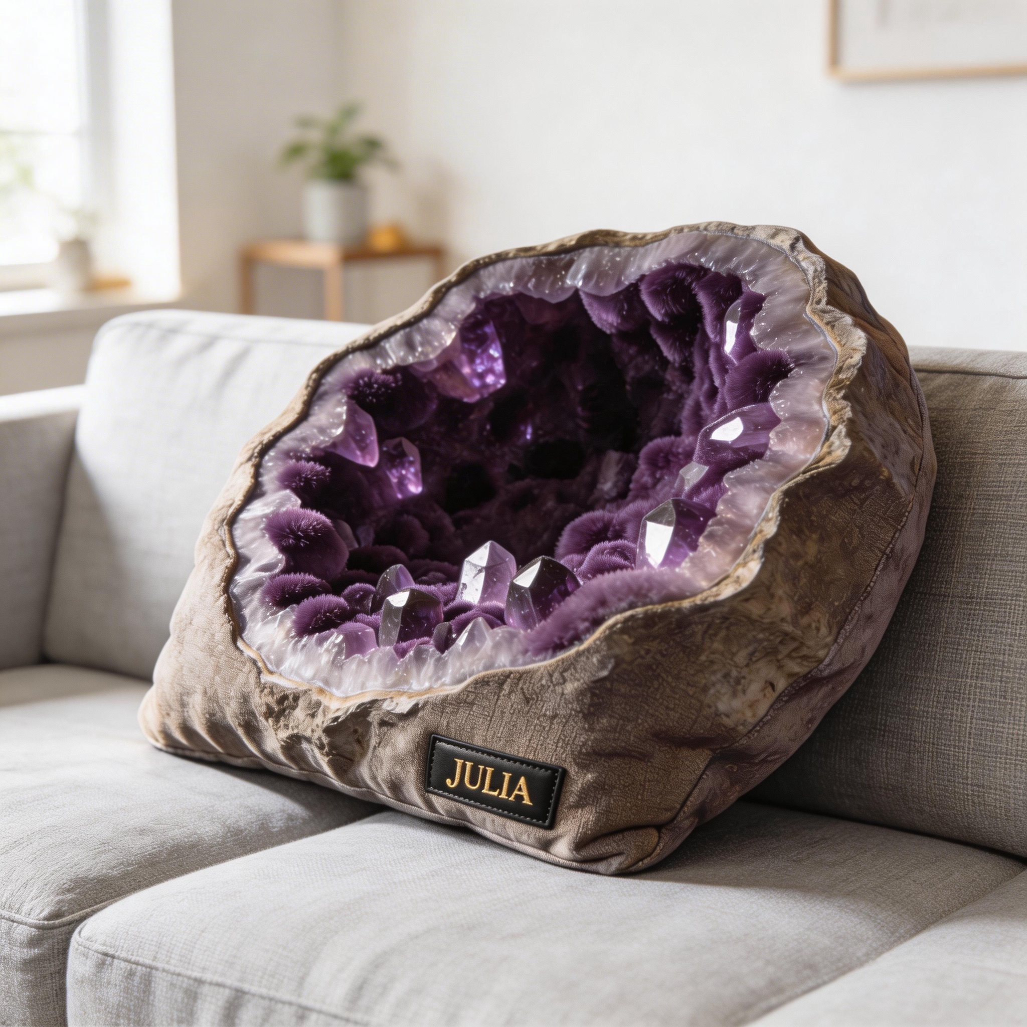 Personalized Amethyst Geode Throw Pillow with Custom Name (3D Crystal Cave Cushion)-$33.00-Photo to 3d art