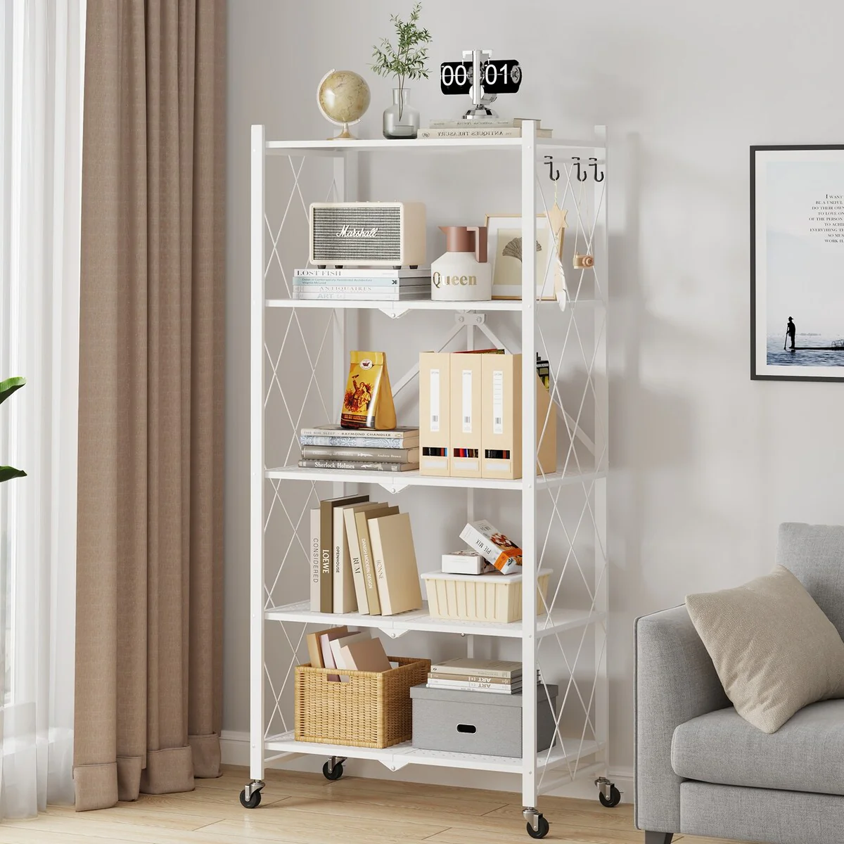 5-Tier Foldable Storage Shelving Unit, Heavy Duty Metal Kitchen Shelf with 3 Hooks - Amazon