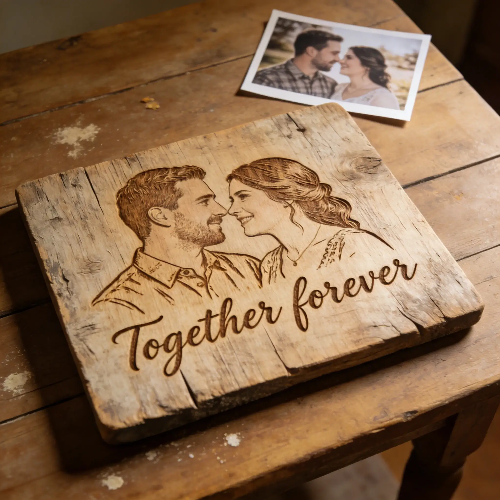 Custom Engraved Couple Photo Wooden Plaque-$45.00-Photo to 3d art
