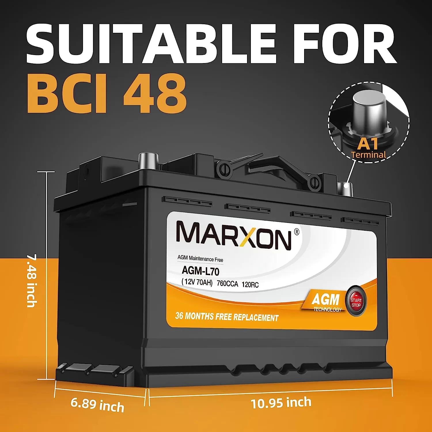 MARXON Group 48 H6 L3 Start and Stop Car Battery 12v 70AH 760CCA AGM BCI48 Maintenance Free Automotive Replacement Batteries Three Years Warranty - Amazon
