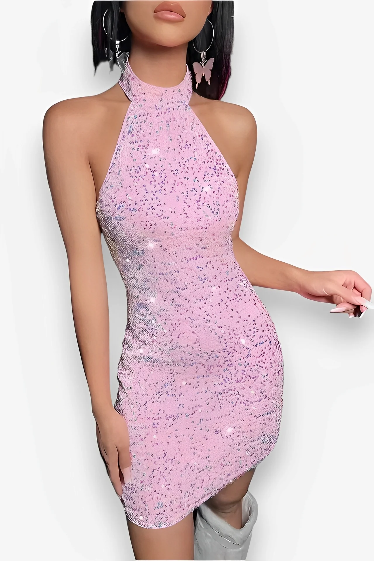Halter Neck Backless Glitter Mini Dress
