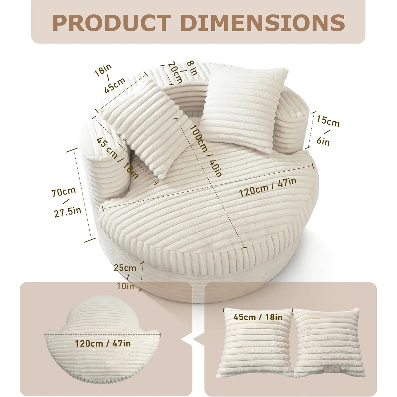 WOWMAX 47" Round Chaise Lounge Chair Indoor, Upholstered Corduroy Floor Sofa Oversized Sleeper Chair with 2 Throw Pillows - Amazon