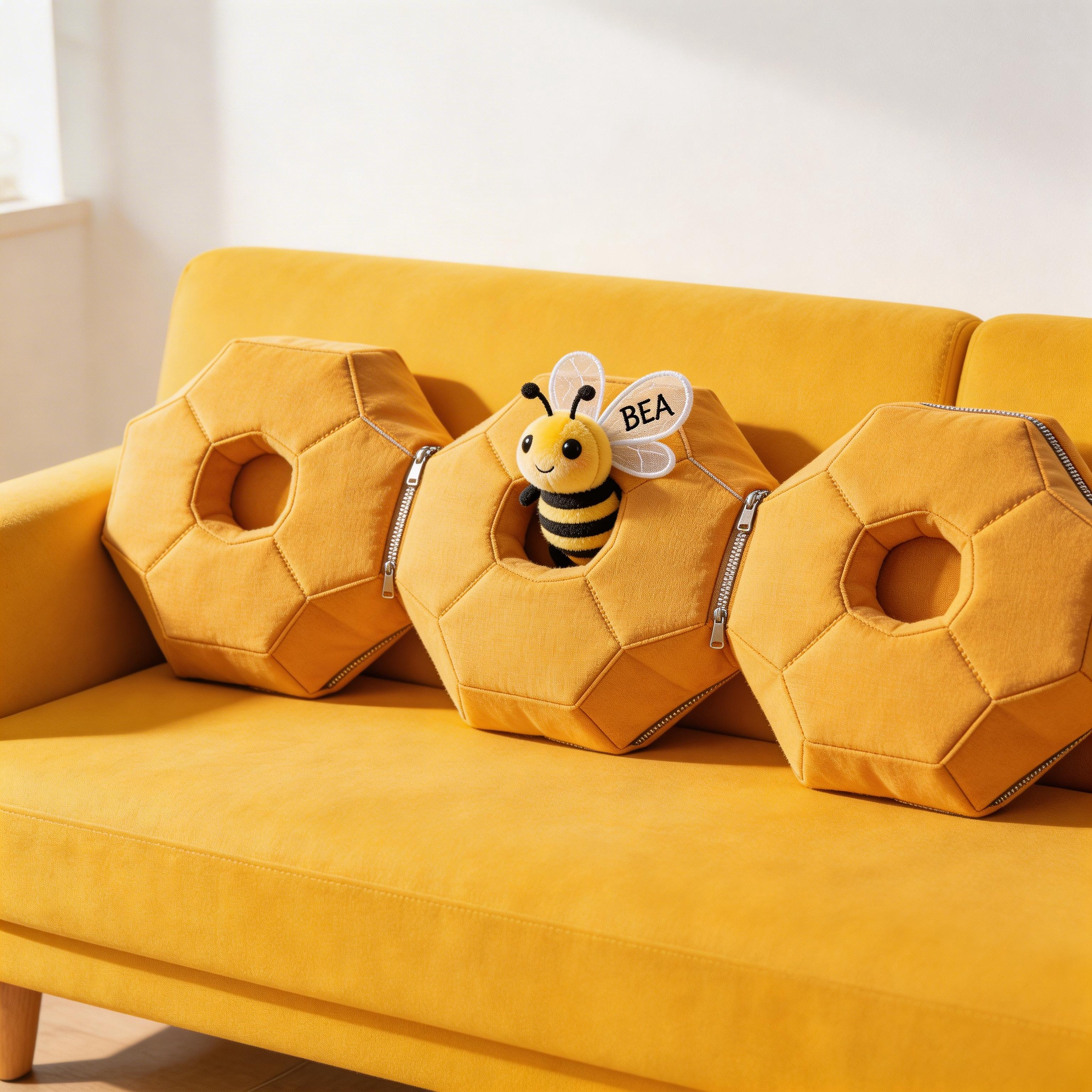 3D Honeycomb & Bee Throw Pillow Set (Geometric Hexagon Sofa Cushions)-$33.00-Photo to 3d art