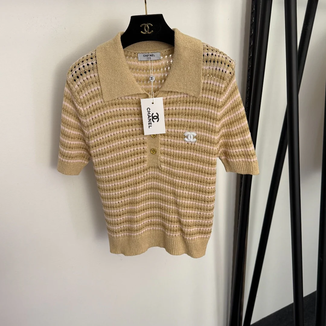 Striped Polo Neck Cutout T-Shirt