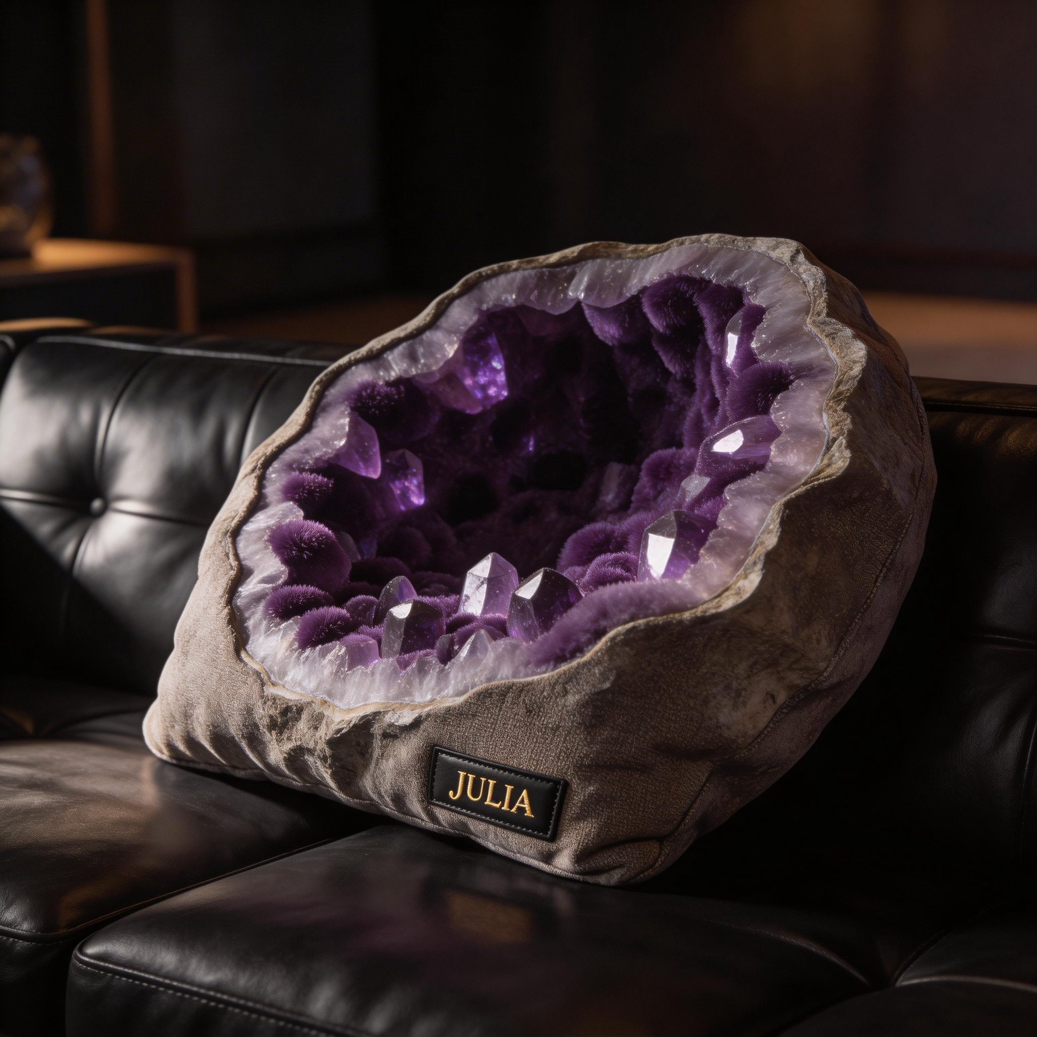 Personalized Amethyst Geode Throw Pillow with Custom Name (3D Crystal Cave Cushion)-$33.00-Photo to 3d art