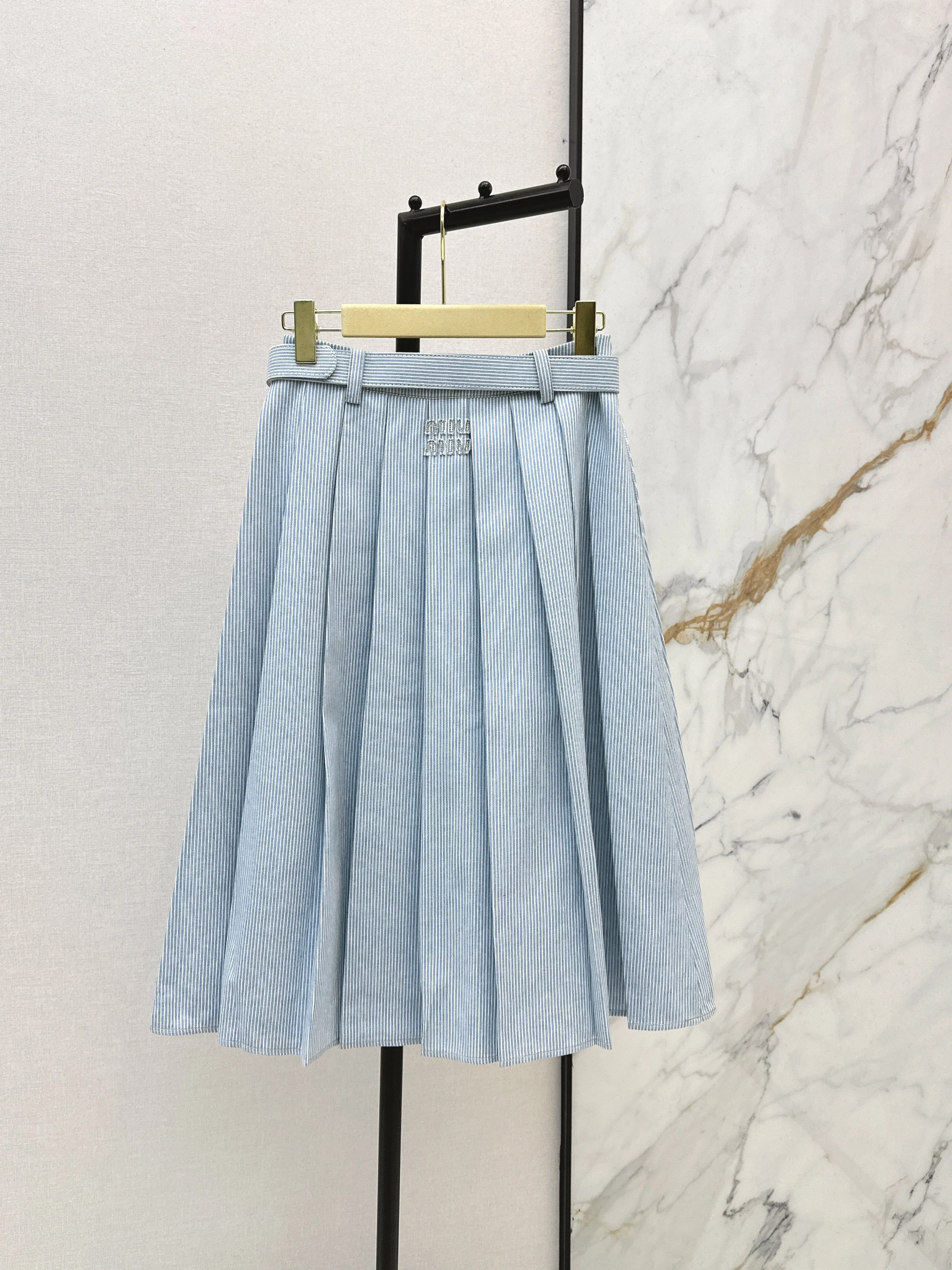 Striped belted pleated midi skirt