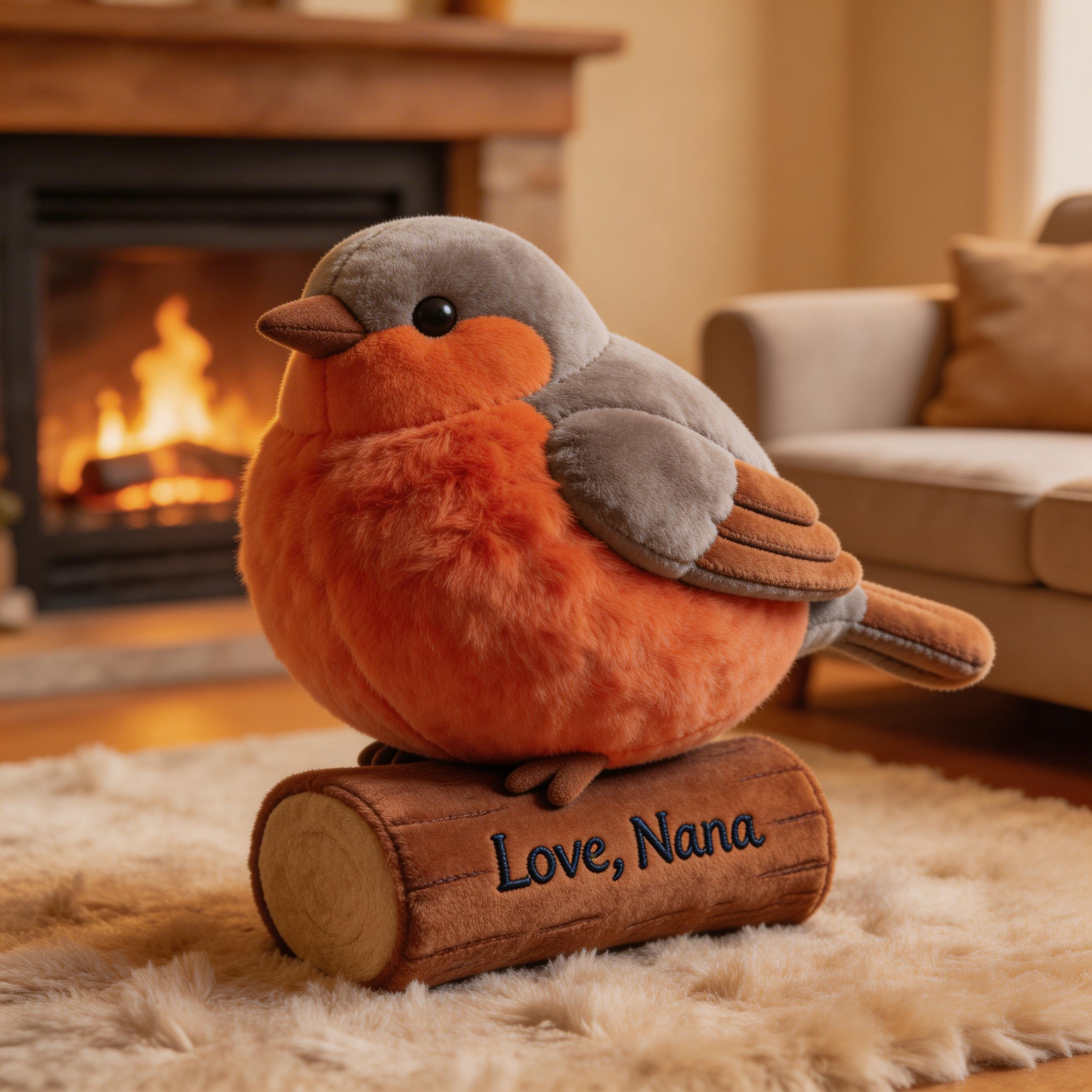 Personalized Garden Robin Plush Pillow with Custom Name (3D Bird on Log Cushion)-$33.00-Photo to 3d art