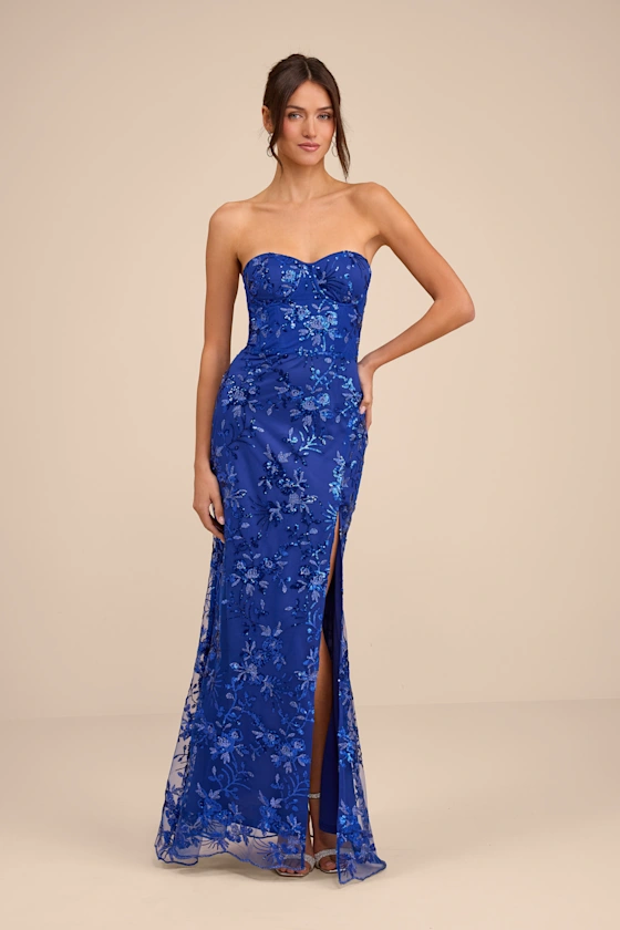 Confident Sensation Cobalt Sequin Strapless Bustier Maxi Dress