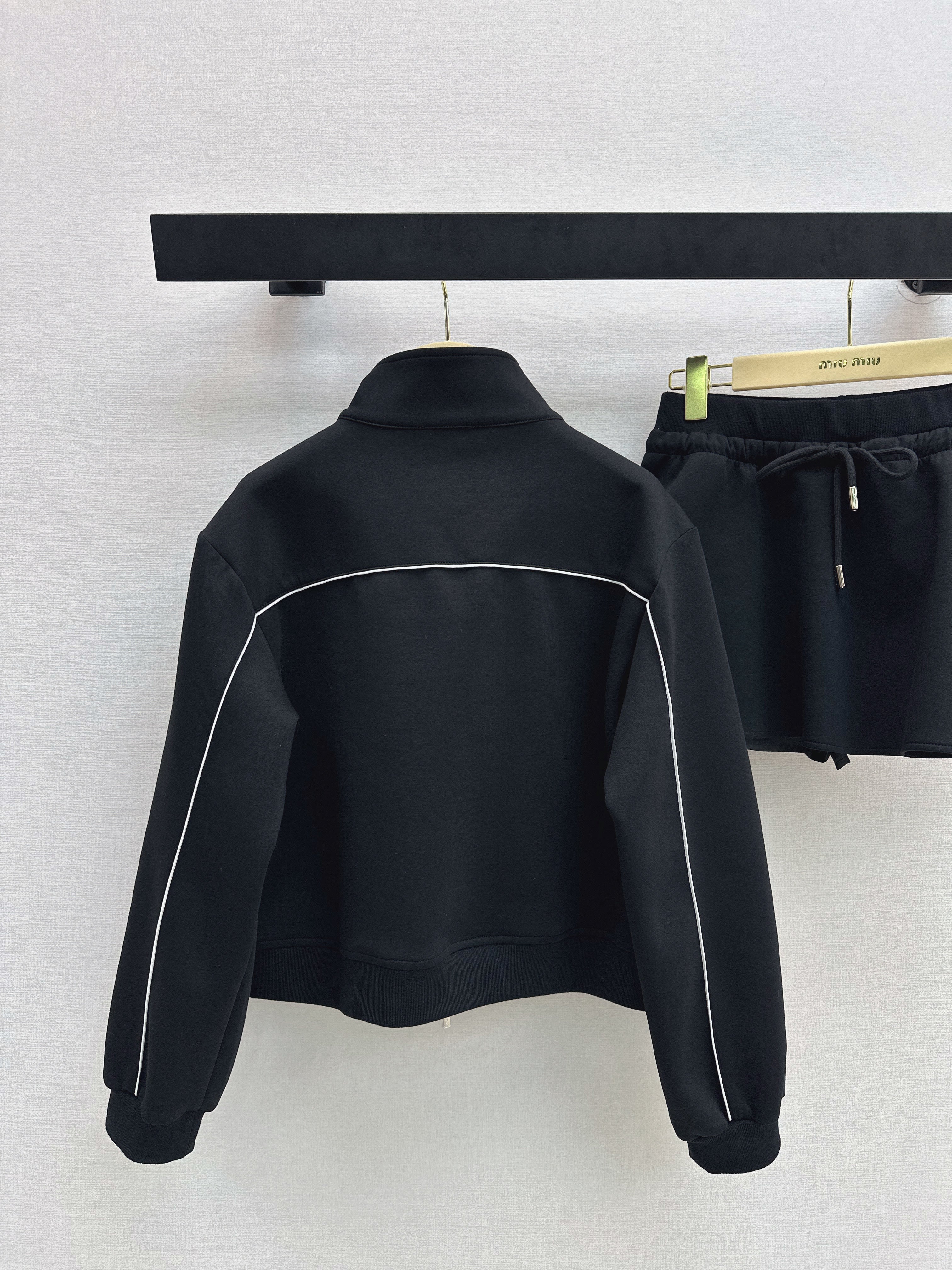 Stand-up collar jacket + midi skirt