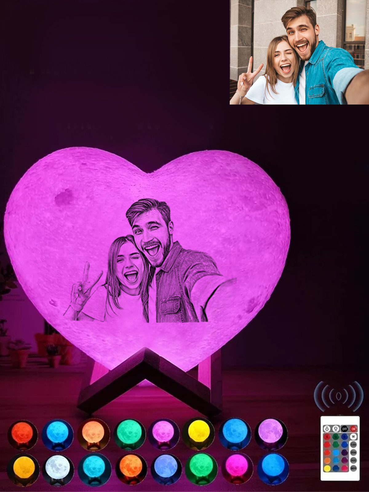 Personalized Heart Photo Moon 3D Lamp 16 Colors-$59.90-Photo to 3d art