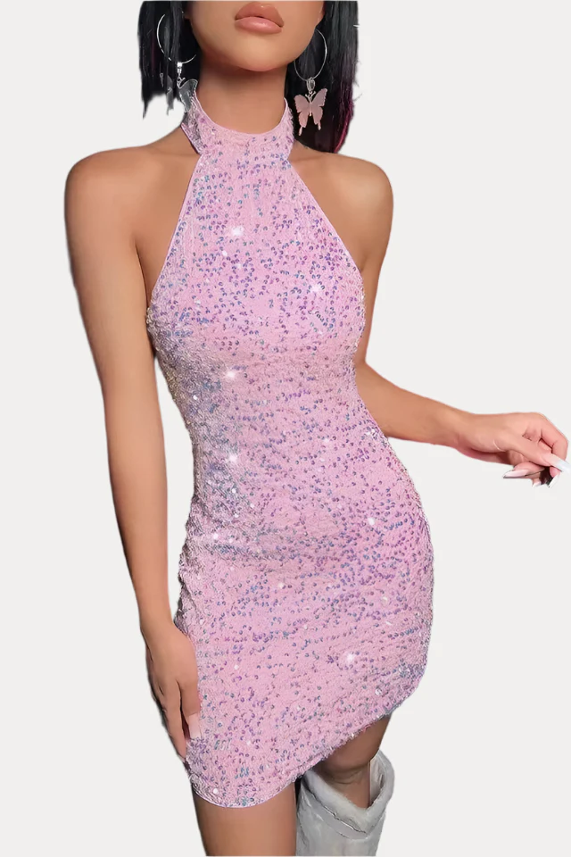 Halter Neck Backless Glitter Mini Dress