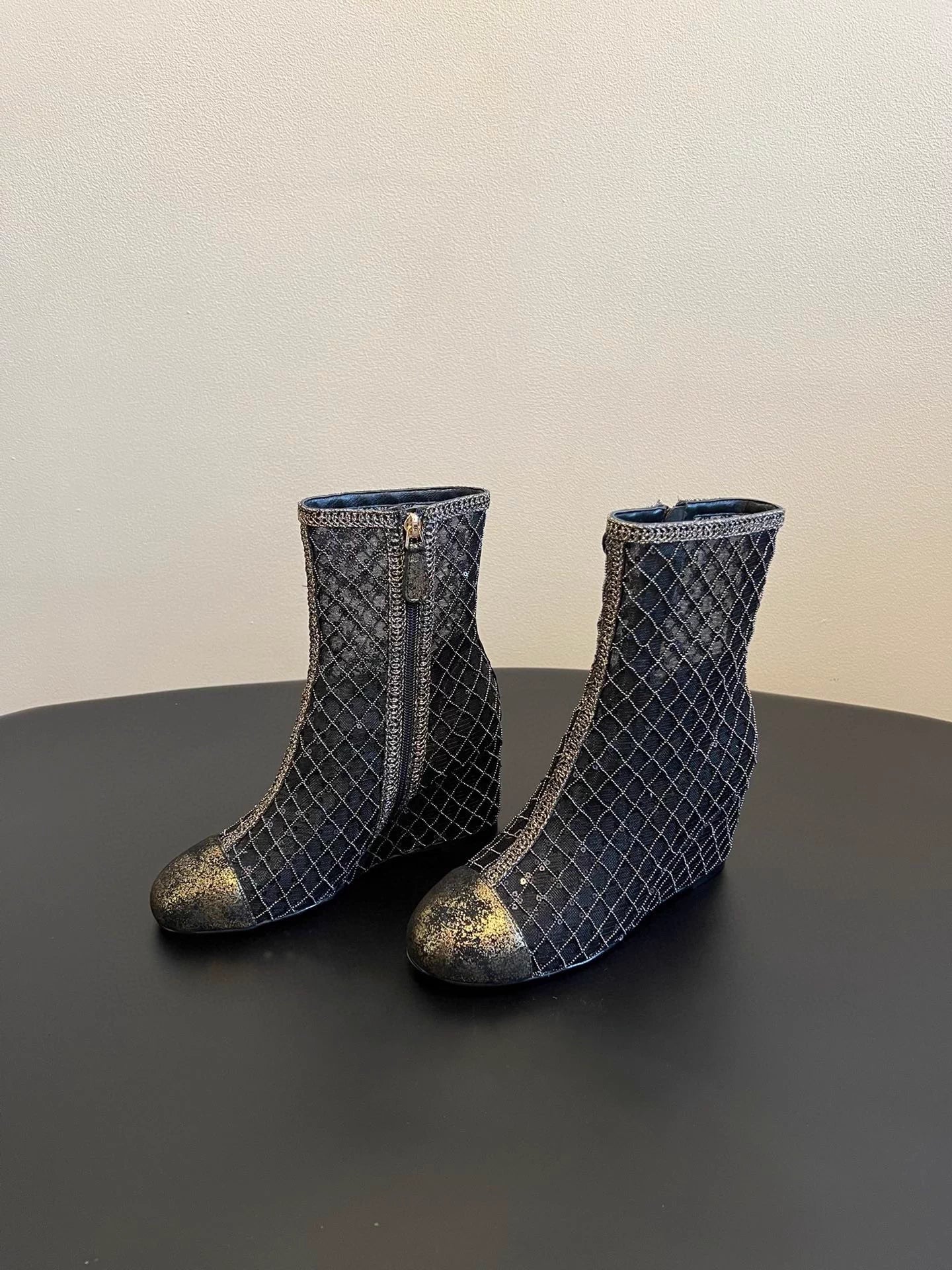 Mesh woven sequined wedge ankle boots