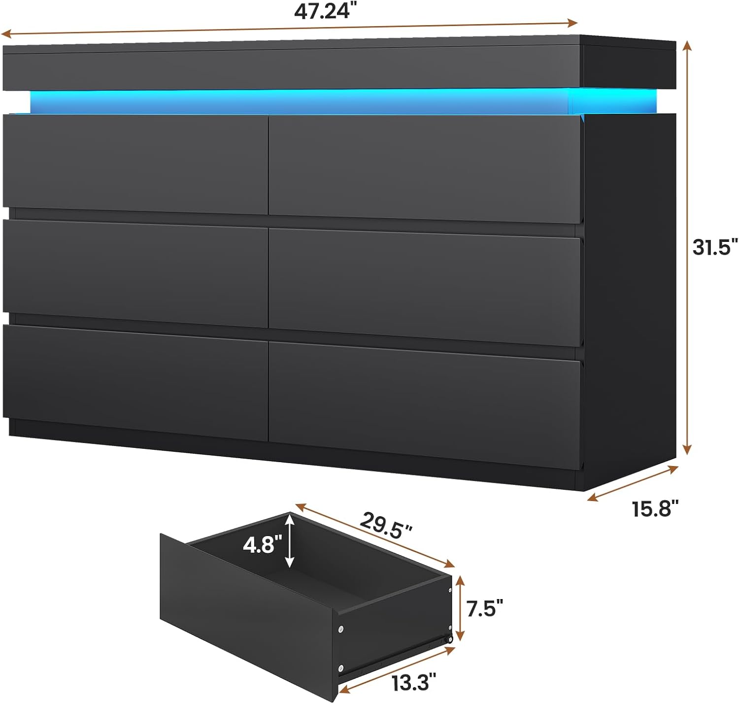 Led Panel Drawer 6 Drawer Dresser with LED Light, Black Modern Chest of Drawers for ...