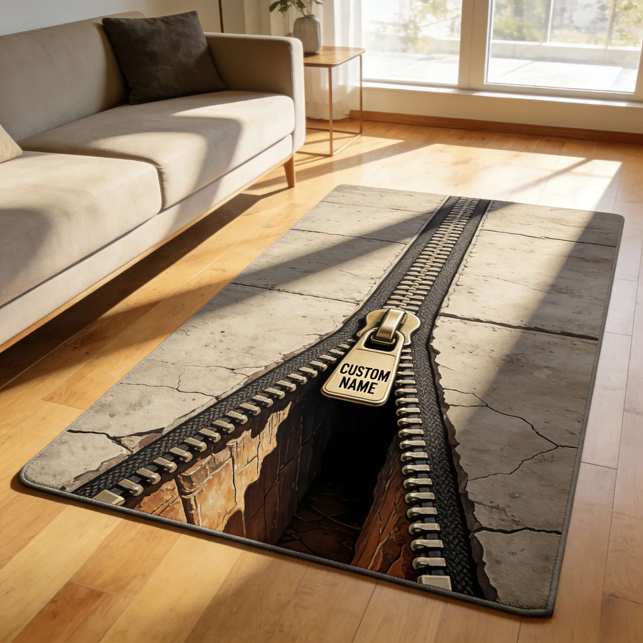 Unzip Reality” 3D Zipper Illusion Rug – Personalized Name Option-$35.00-Photo to 3d art