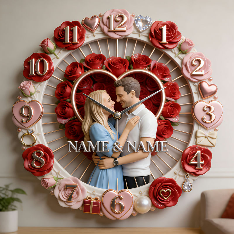 Personalized Couple Photo Rose Theme Wall Clock-$52.00-Photo to 3d art