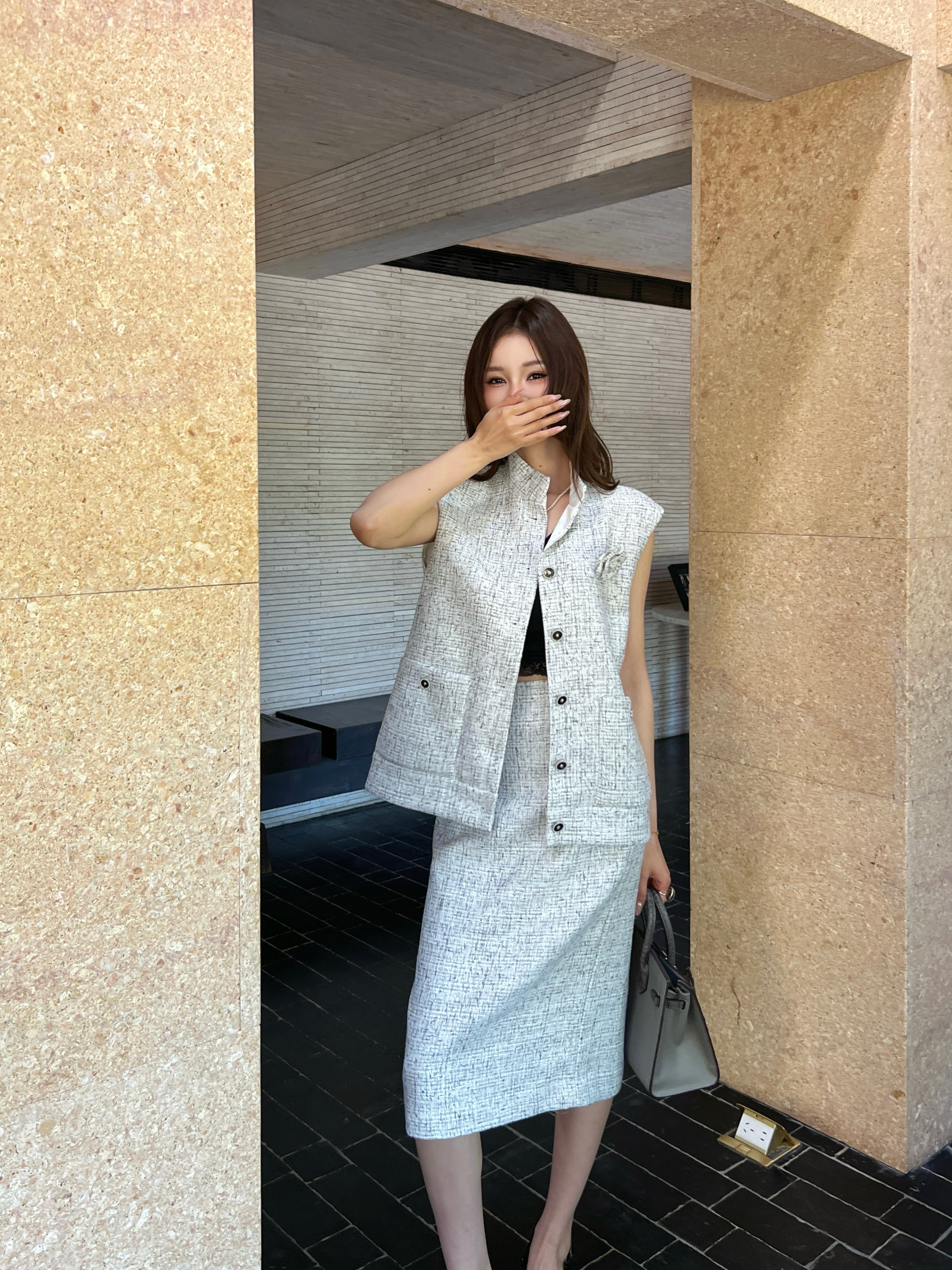 26ss Tweed Woven Vest and Skirt Set