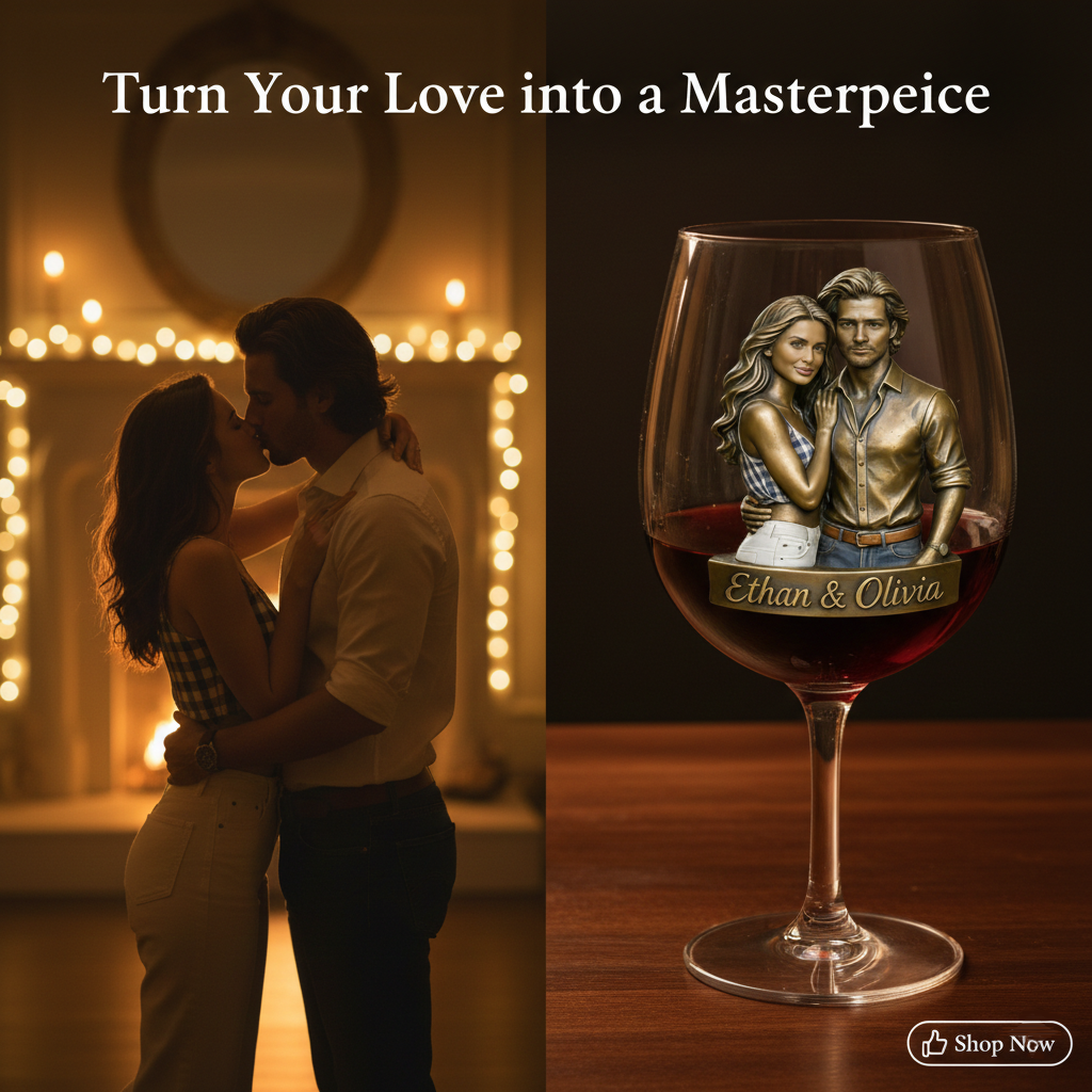 Custom Bronze Style Couple Photo Wine Glass with Names-$33.00-Photo to 3d art