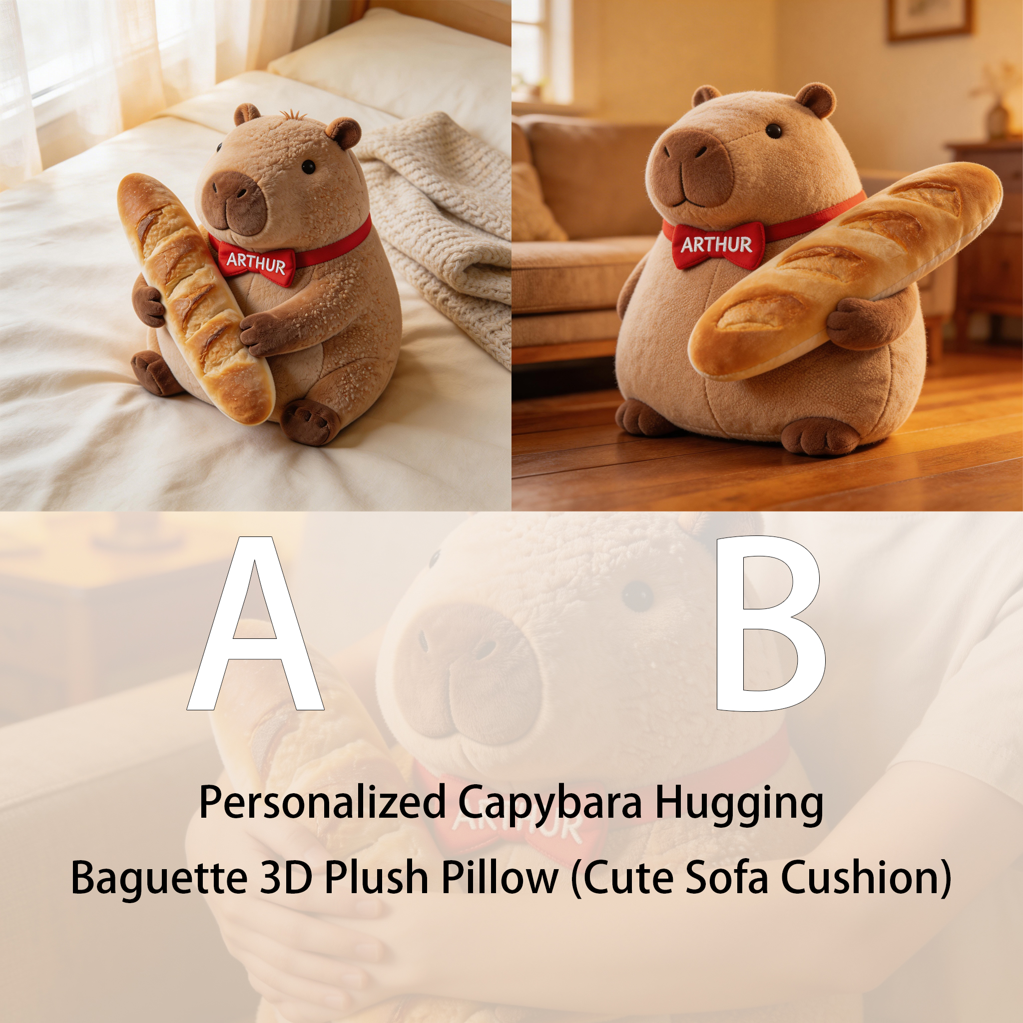 Personalized Capybara Hugging Baguette 3D Plush Pillow (Cute Sofa Cushion)-$33.00-Photo to 3d art