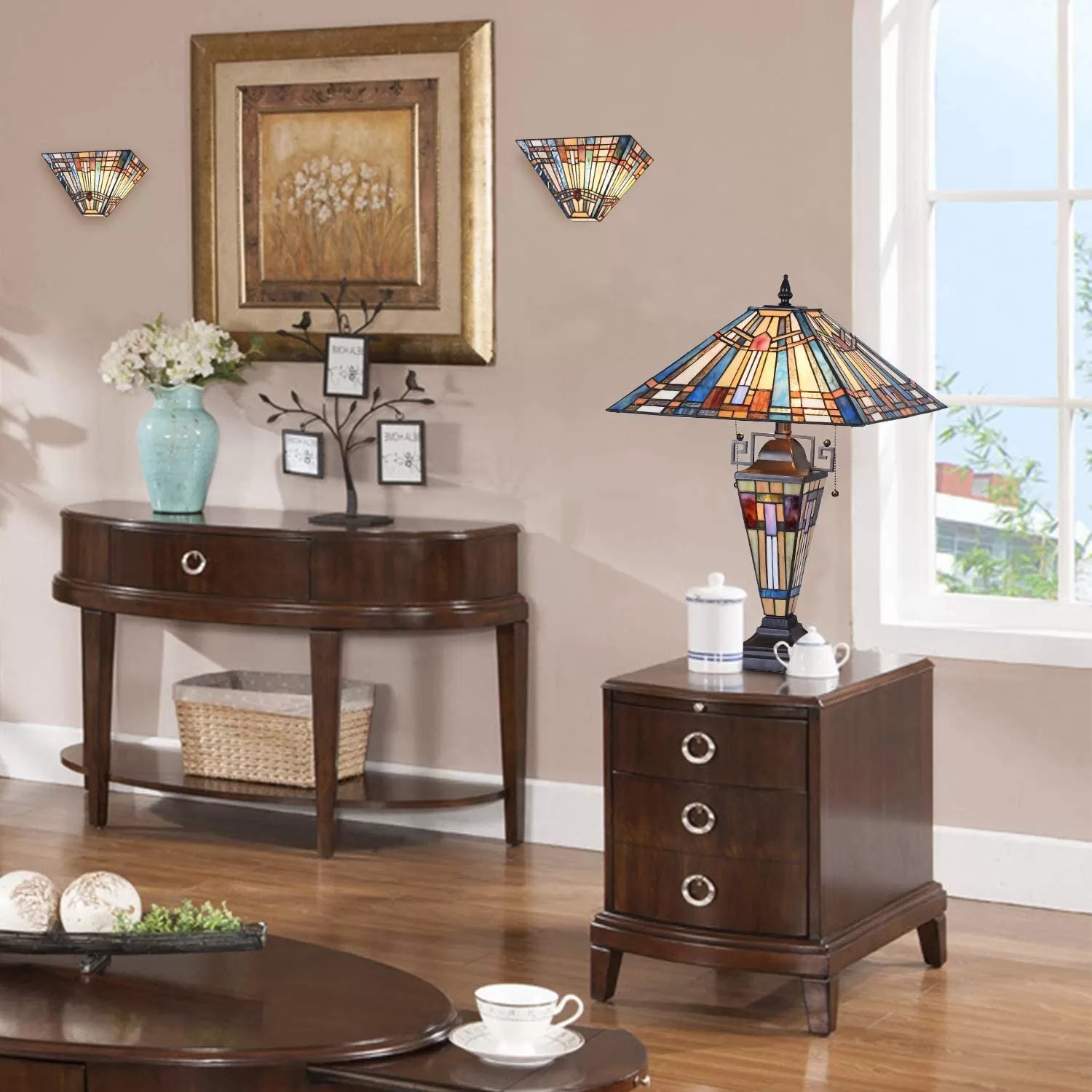 Tiffany Table Lamp Night Light 16" Wide Handmade Stained Glass Lamp Shade 3 Light Blue Mission Style Vintage Table Lamp For Home And Office - Amazon