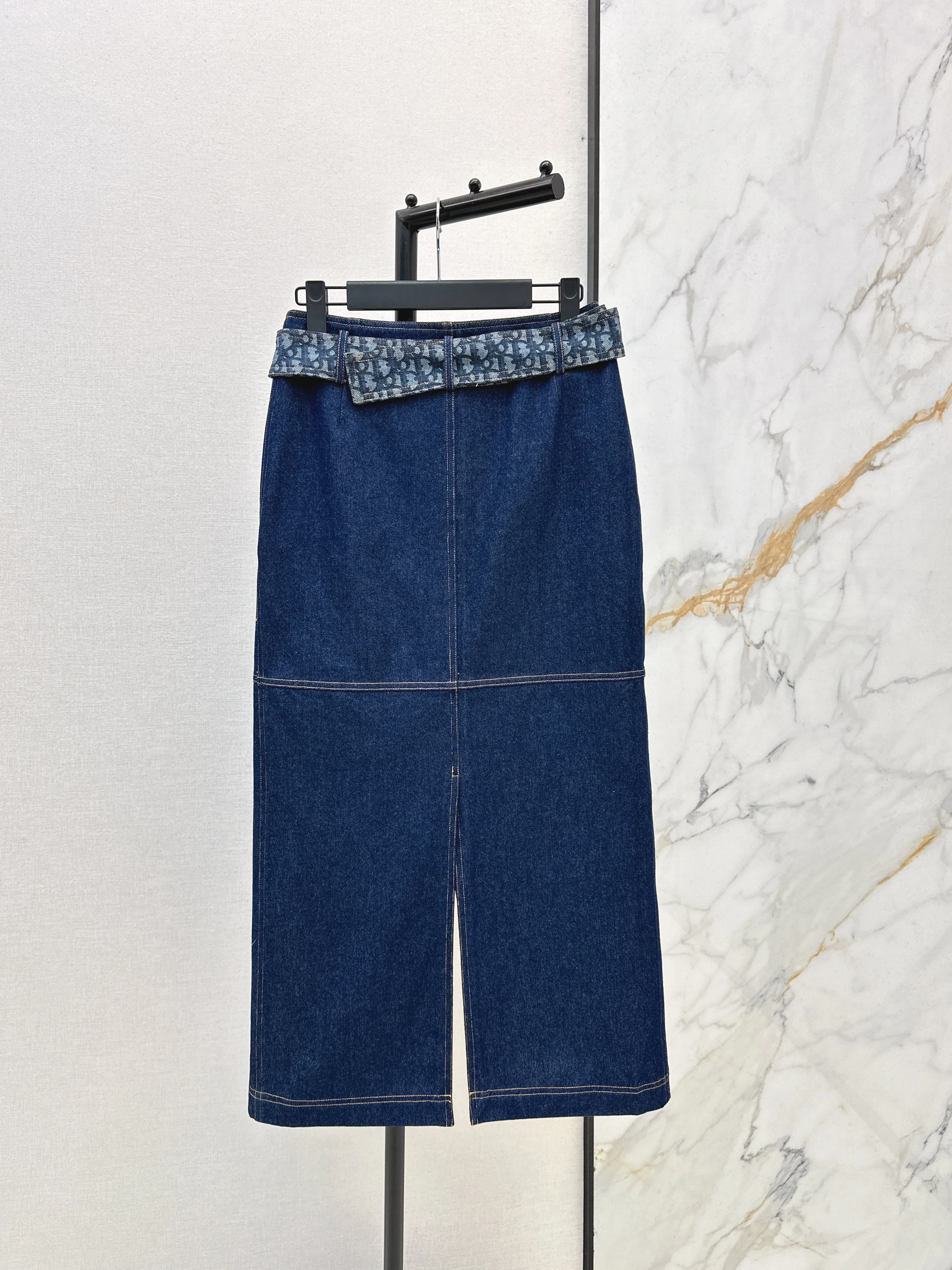 Monogram Canvas Belt Denim Midi Skirt