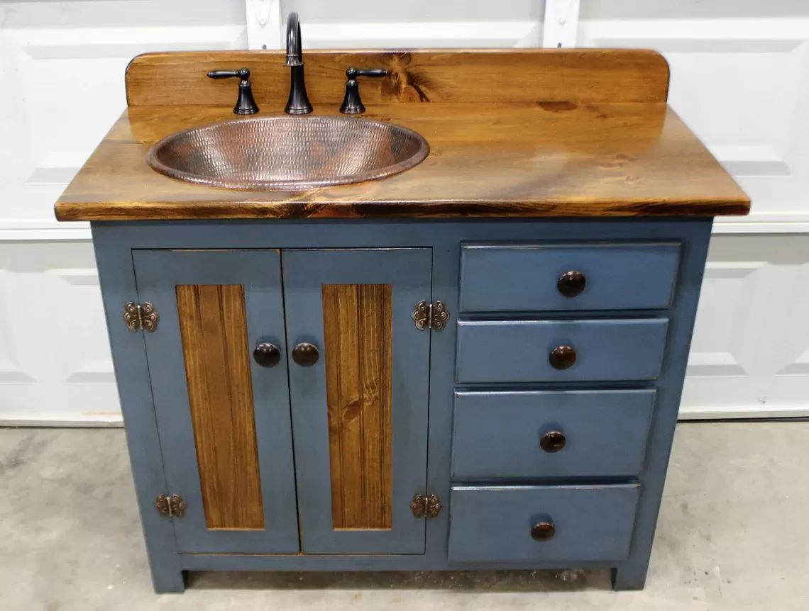 Rustic Farmhouse Vanity - Copper Sink - 42" - BLUE🔥Free shipping🔥 - Amazon