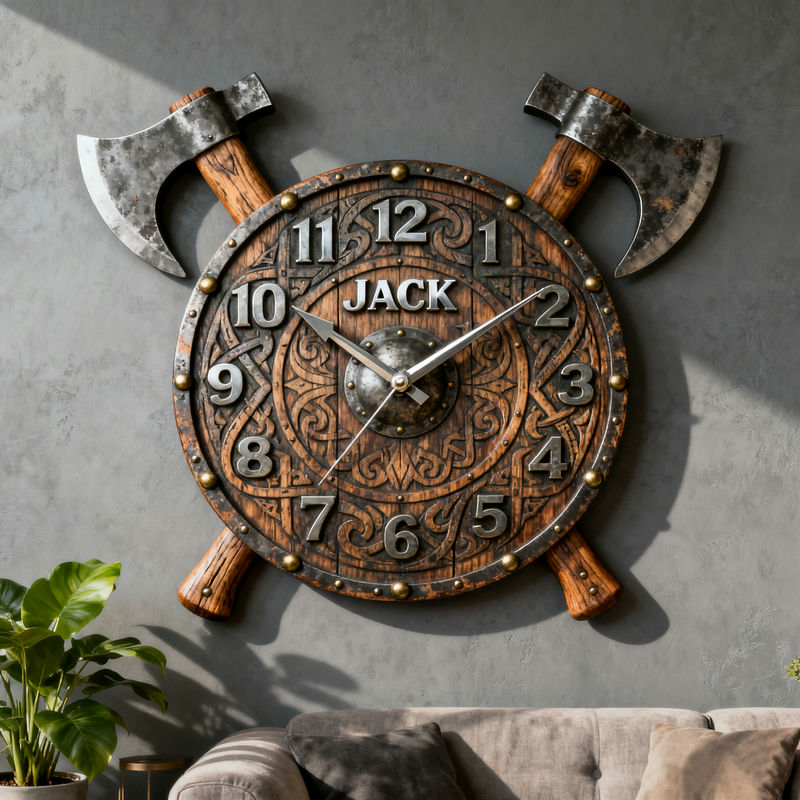 Personalized Viking Warrior Shield and Axe Themed Clock-$47.00-Photo to 3d art