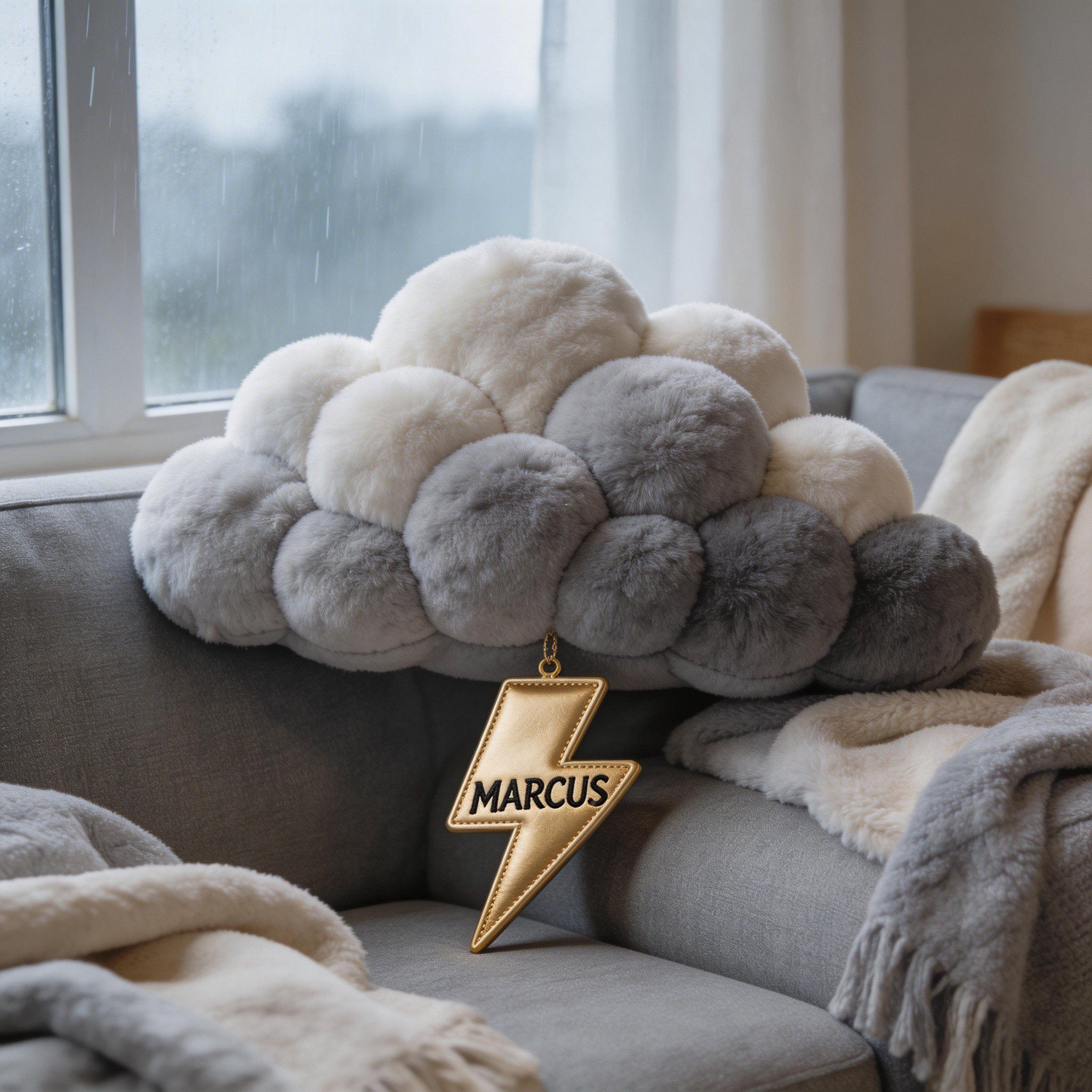 Personalized Thunderstorm Cloud Pillow with Custom Name (Lightning Bolt Charm Cushion)-$33.00-Photo to 3d art