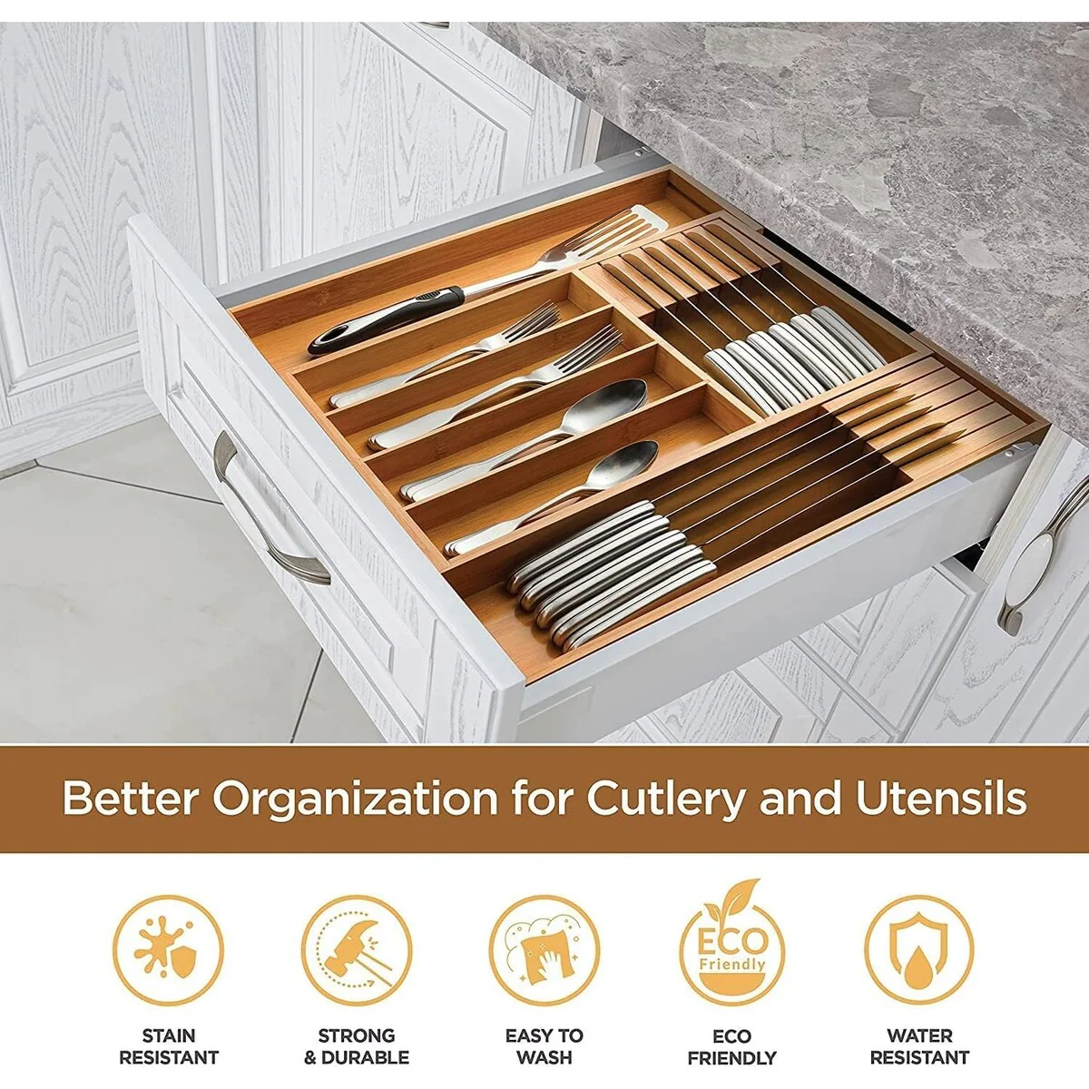 Utensil Organizer - Bamboo Expandable Silverware Organizer, Utensil Holder & Cutlery Tray with Divider and Removable Knife Block - Amazon