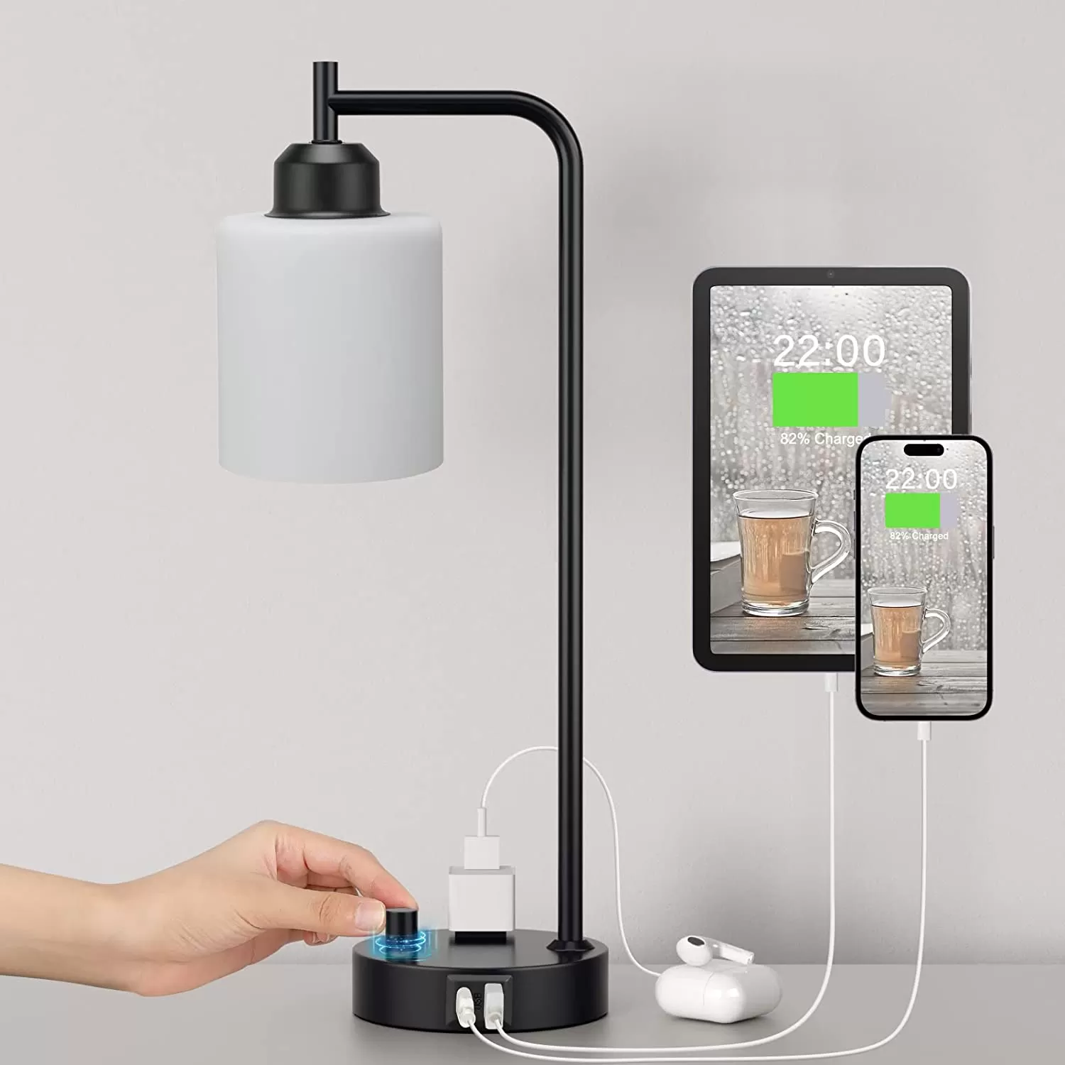 Industrial Bedside Table Lamp for Bedroom - Nightstand Lamps with USB C Charging Port, Fully Dimmable Black Lamps with USB Ports and Outlets, Small Desk Lamp with Glass Shade for Office Living Room - Amazon