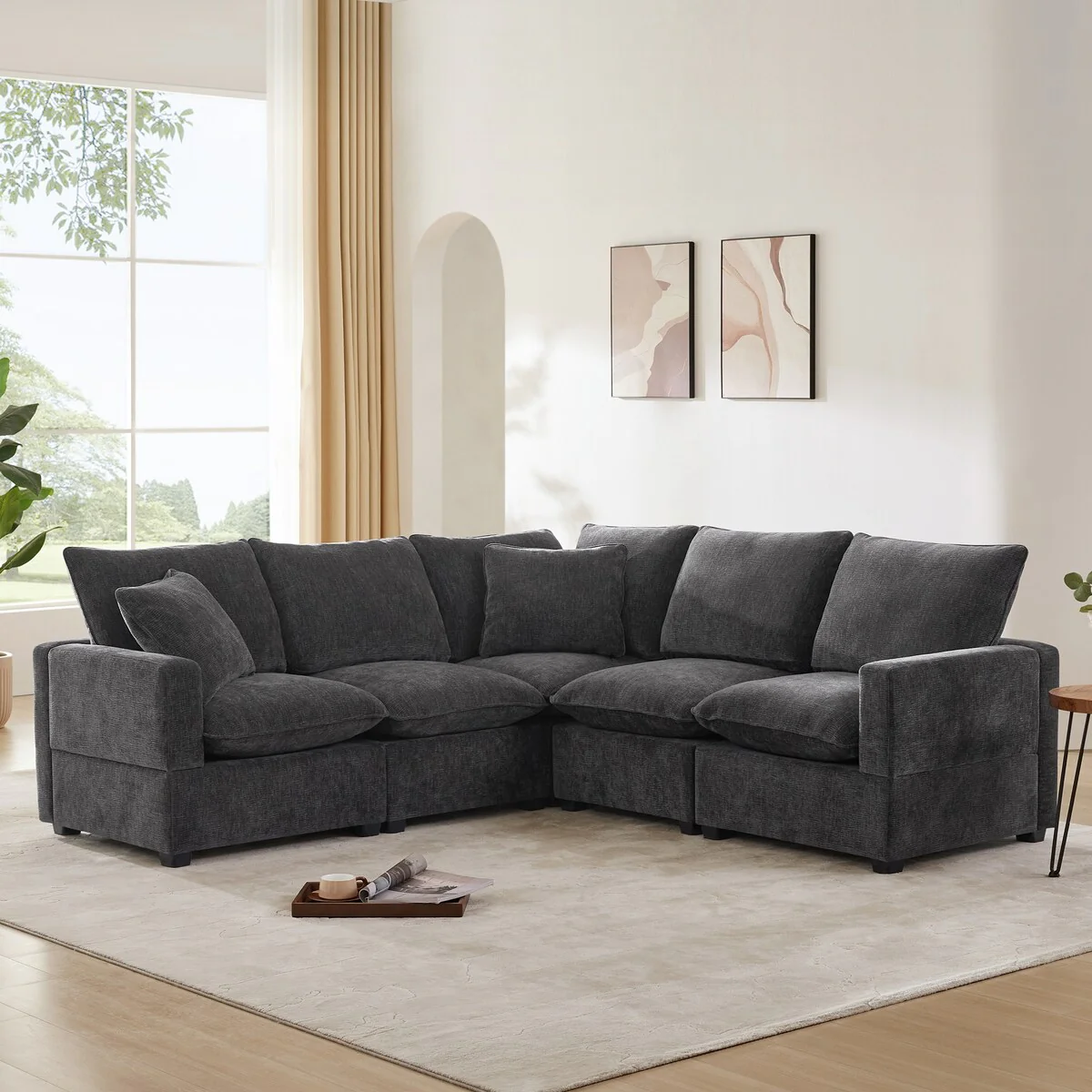 Nestfair Modern L Shape Modular Sofa 5 Seat Chenille Sectional Couch Set with 2 Pillows Included - Amazon