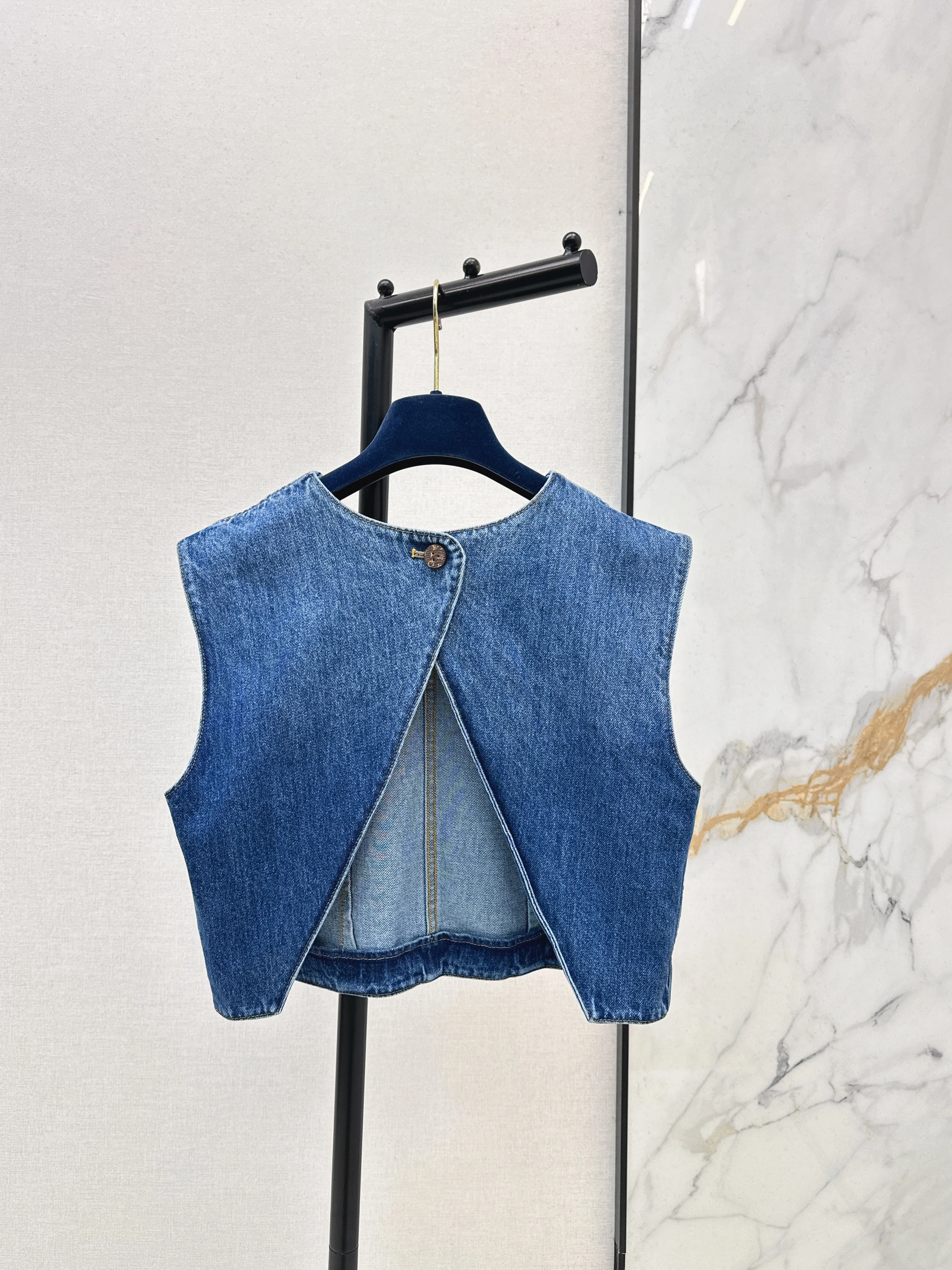 Cuffed Denim Vest with Back Slit