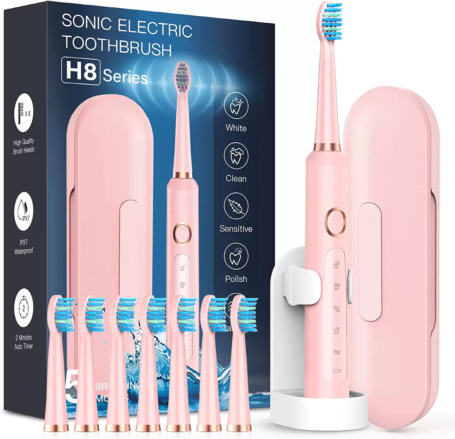Sonic Electric Toothbrush for Adults - Rechargeable Electric Toothbrushes with 8 Brush Heads, & Travel Case,Teeth Whitening , Power Electric Toothbrush with Holder, Once Charge for 120 Days - H8 Pink - Amazon
