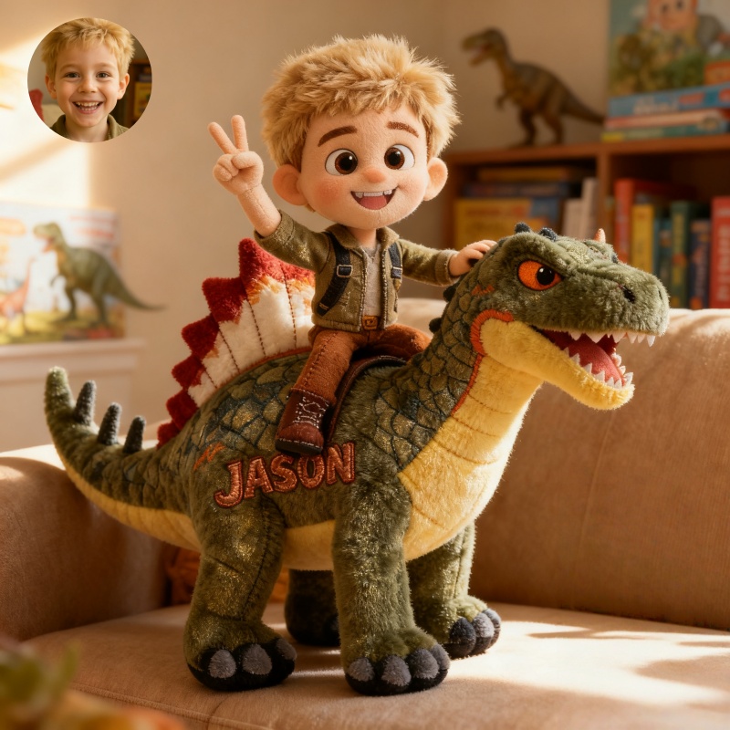 Custom cartoon portrait style dinosaur rider pillow-$33.00-Photo to 3d art