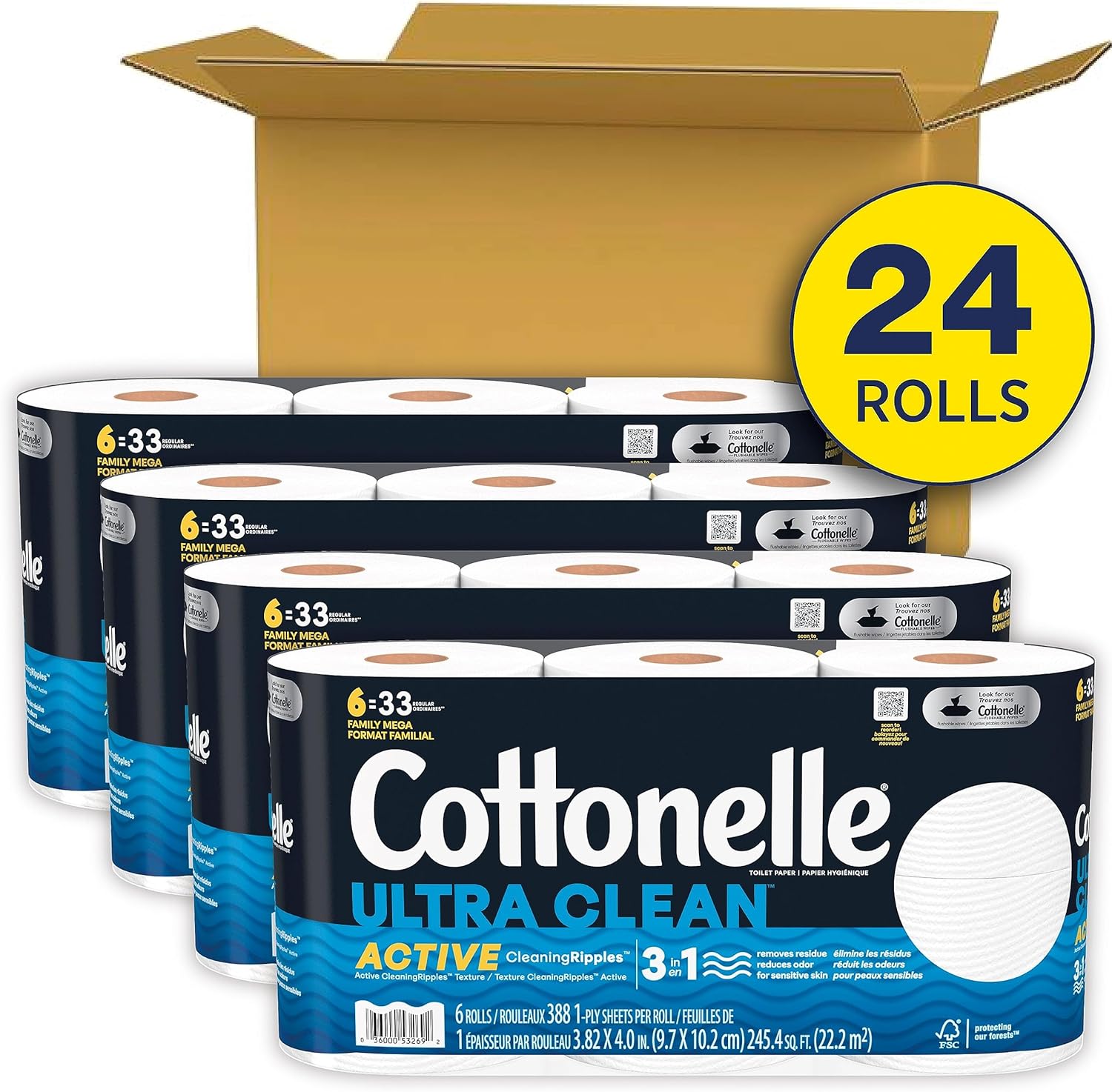 Cottonelle Ultra Clean Toilet Paper with Active CleaningRipples Texture, Strong Bath Tissue, 24 Family Mega Rolls (24 Family Mega Rolls = 132 Regular Rolls) (4 Packs of 6), 388 Sheets per Roll - Amazon
