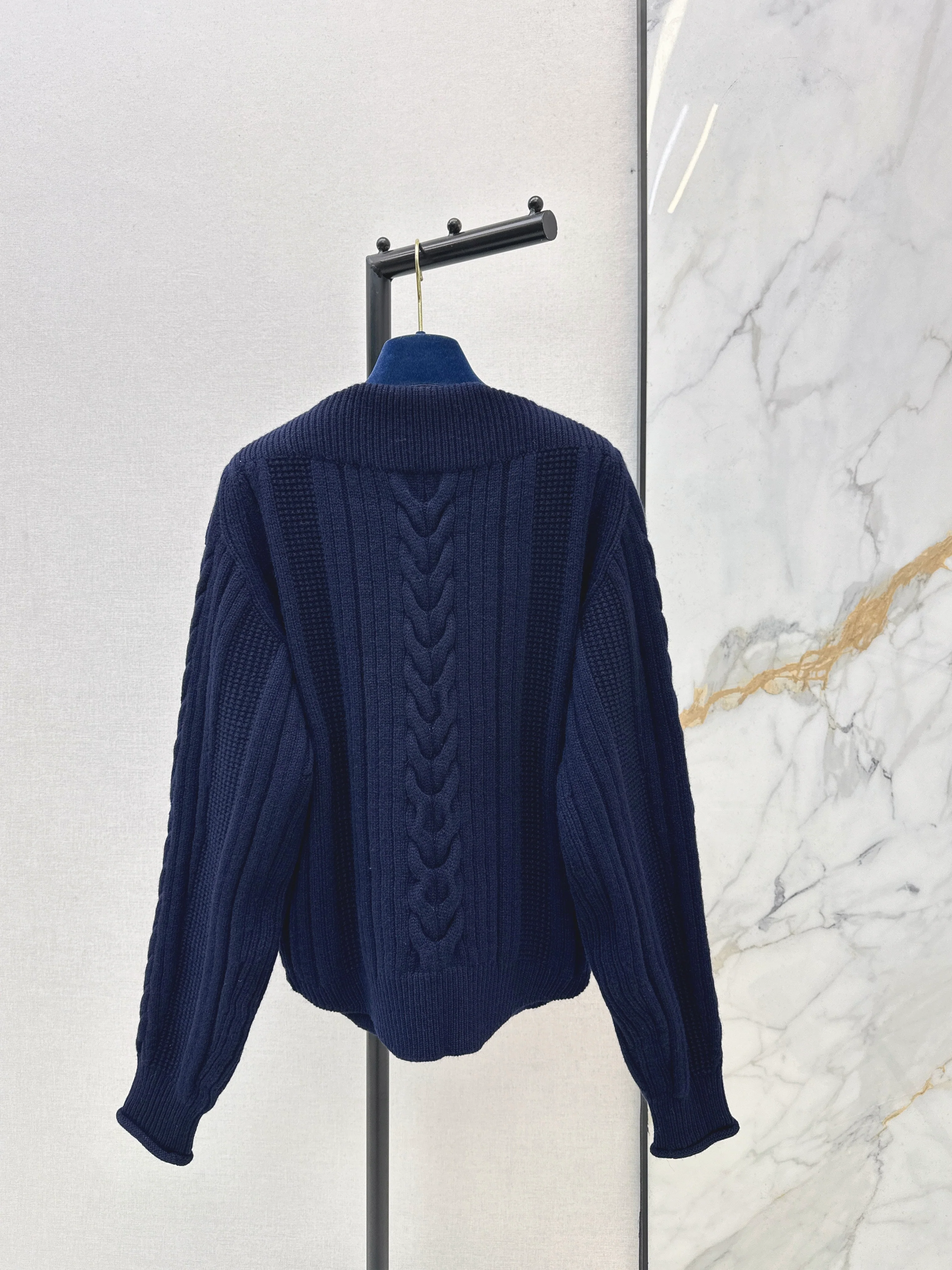 Leather Button-Up Wool Knit Cardigan