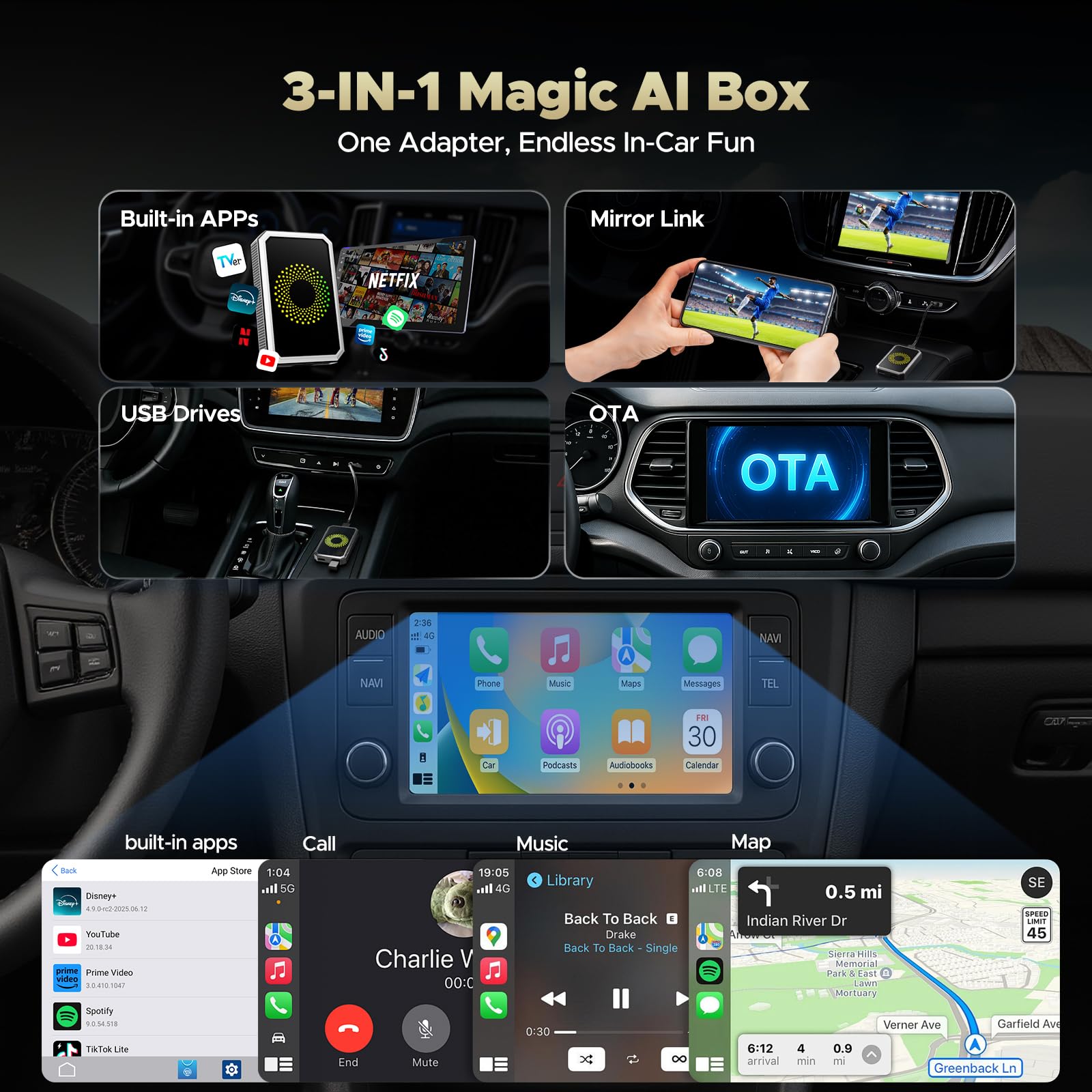 3-in-1 Wireless Carplay Adapter Magic AI Box with Net-Flix YouTube TikTok Upgrade Wired Car Play to Wireless Support USB Drive for iPhone 10+ and Android 13+-$61.99-Photo to 3d art