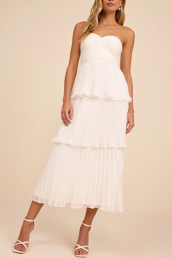 Seriously Sensational White Strapless Tiered Midi Dress