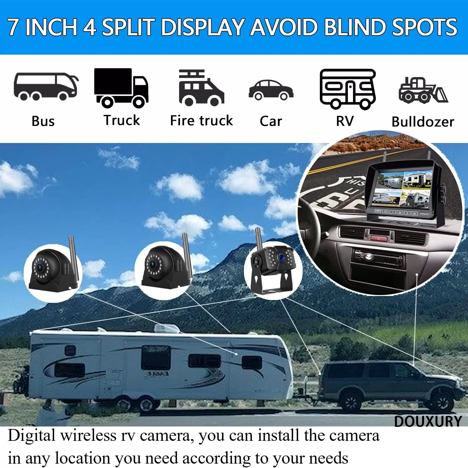 Wireless Backup Camera for RV Truck Trailer Camper Digital 3 Rear/Side View Cameras & HD 1080P 4 Splits 7" Screen with Adapter for Furrion Pre-Wired Night Vision IP69 Waterproof 170° Wide View Angle - Amazon