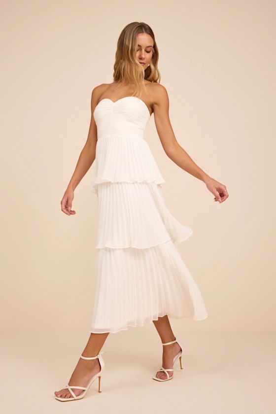 Seriously Sensational White Strapless Tiered Midi Dress