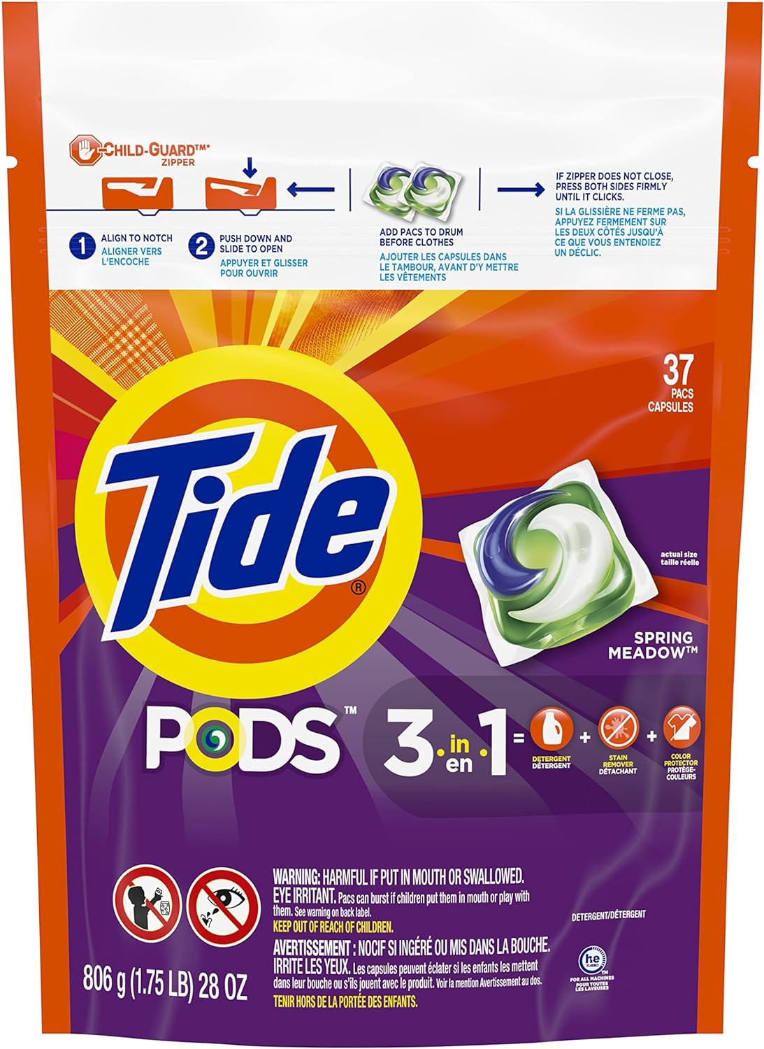 Tide PODS Laundry Detergent Soap Pods, Spring Meadow, 37 Count (Pack of 3 Bag Value Pack), Total 111 Count, HE Compatible - Amazon