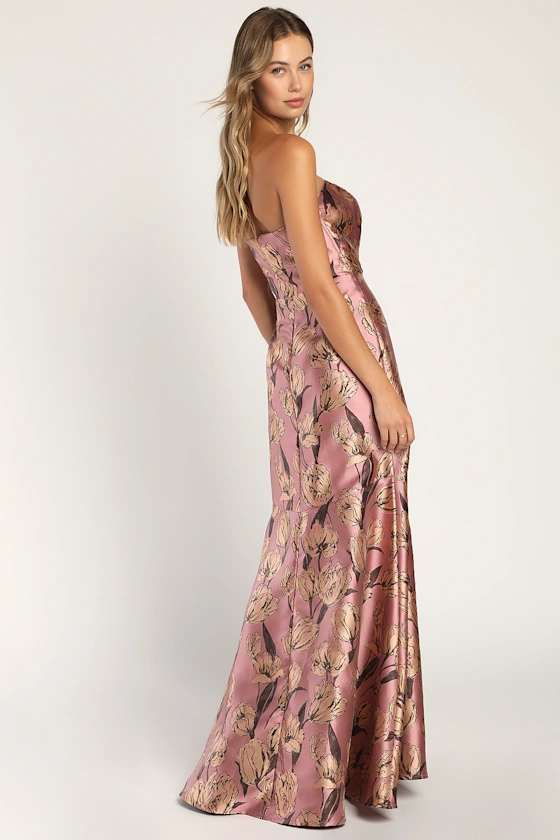 Gowning Around Mauve Floral Jacquard Strapless Maxi Dress