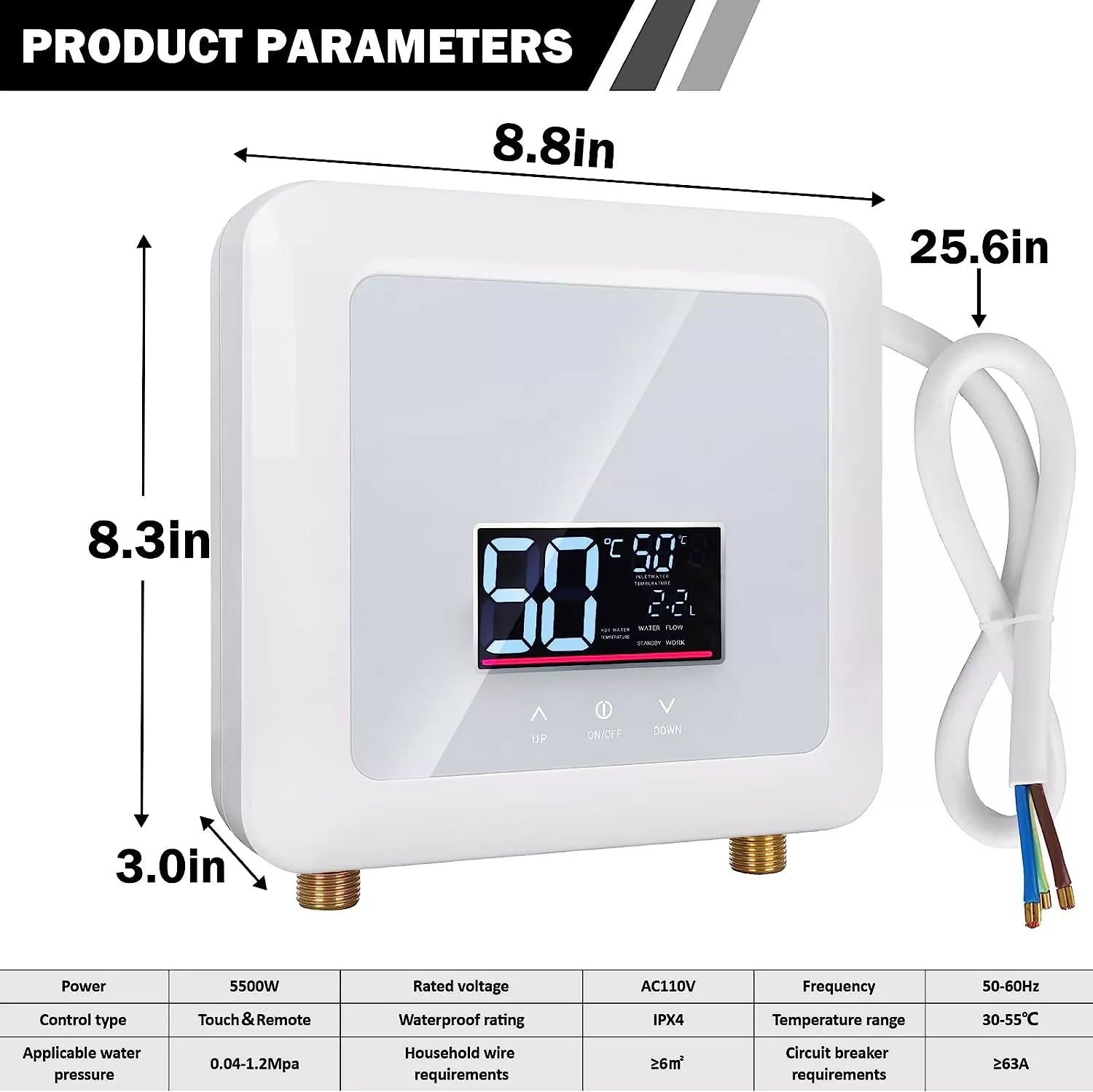 Tankless Water Heater Electric 5500W 110V,Constant Temperature Instant Hot Water Heater with Remote Control Digital Display RV water heater for Home Kitchen Indoor(White)(Can