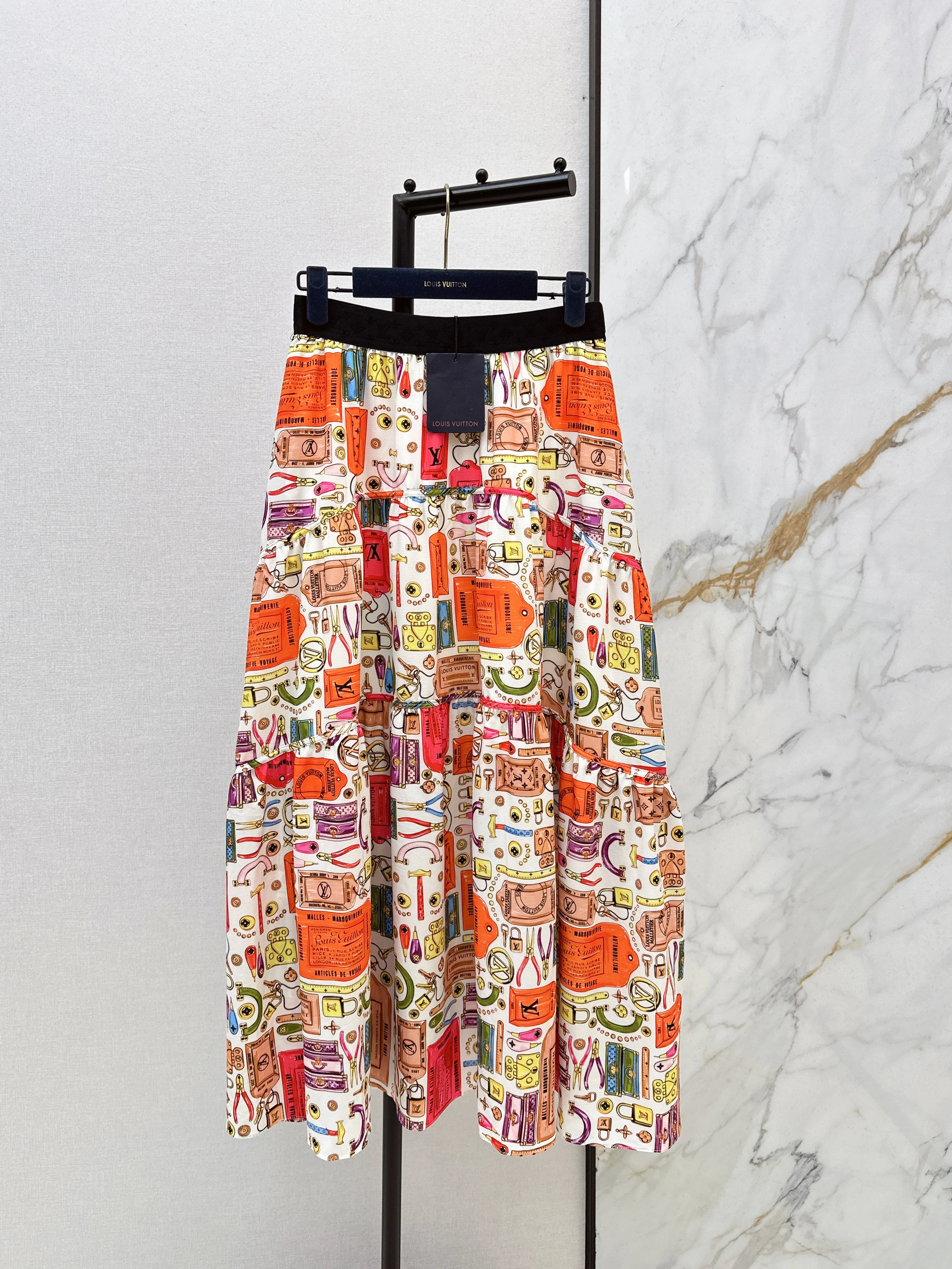 Printed Elastic Waist Midi Skirt