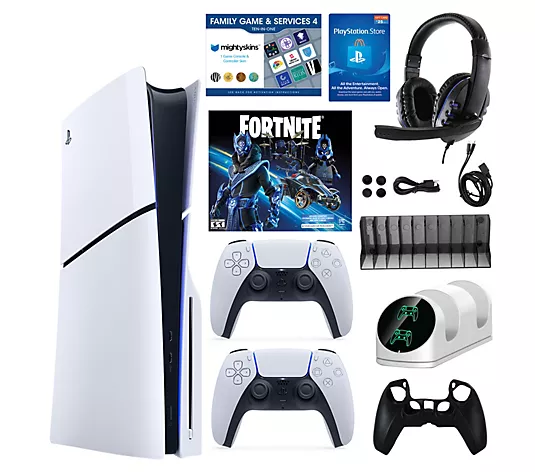 Clearance Sale PS5 Slim 1TB Disc or Digital Console with Fortnite Accs & 2 Controllers - Amazon